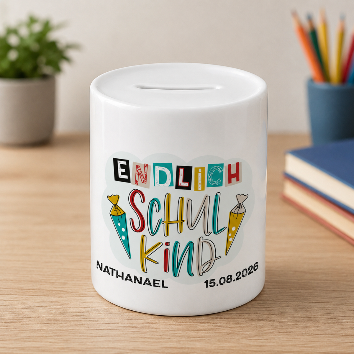 Spardose Einschulung - Endlich Schulkind mit Namen personalisiert
