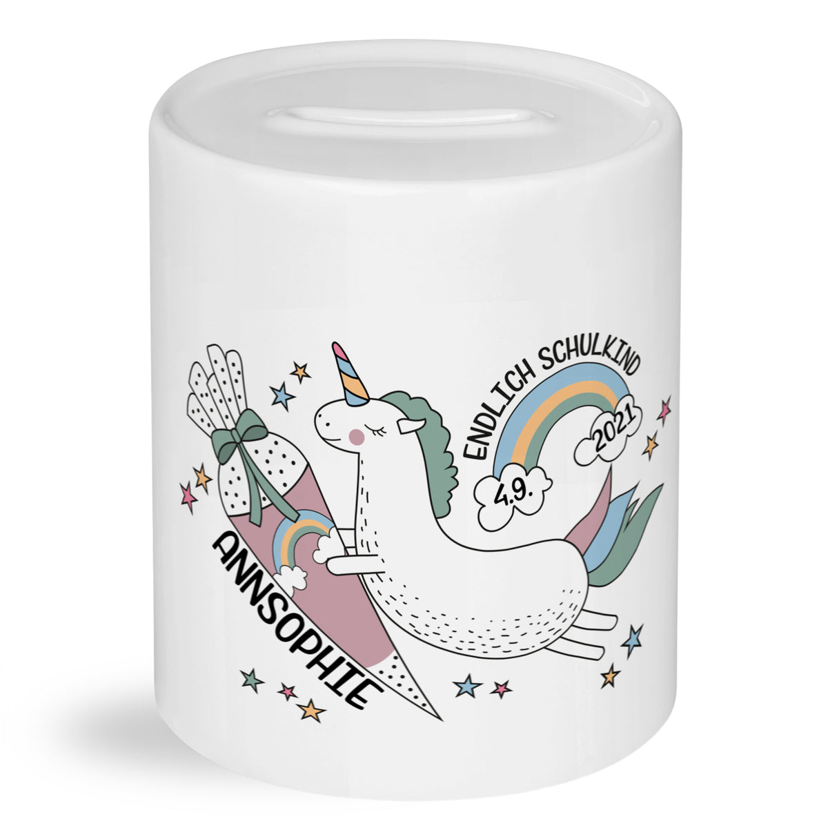 Spardose mit Einhorn, bunt, für Schulkind Ann-Sophie.