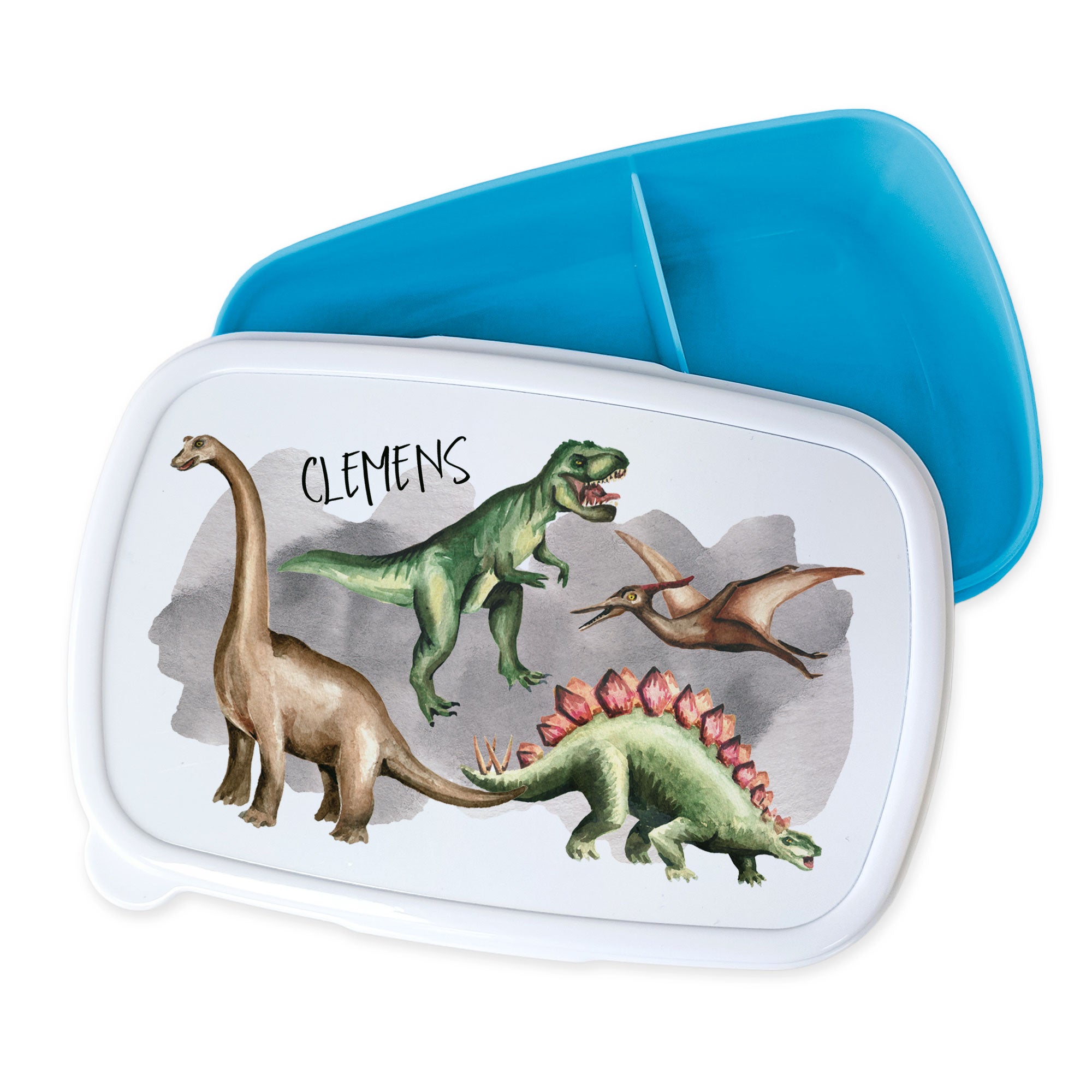 Lunchbox mit Dinosaurier-Motiven und blauem Deckel.