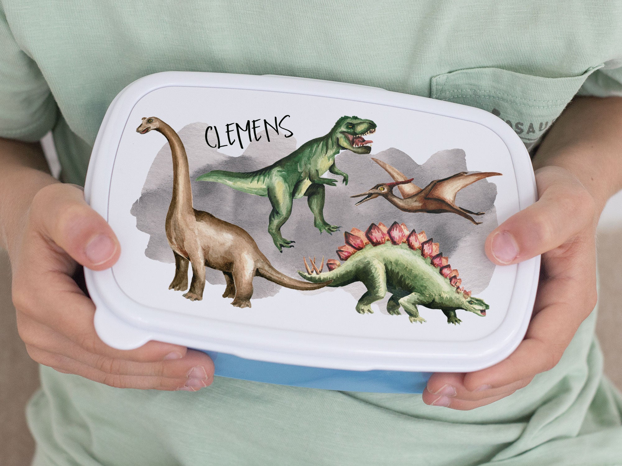 Bunte Brotdose mit Dinosaurier-Motiven und Name Clemens.