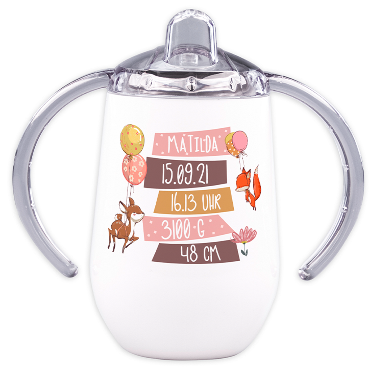 Personalisierter Becher in Weiß mit bunten Tiermotiven.