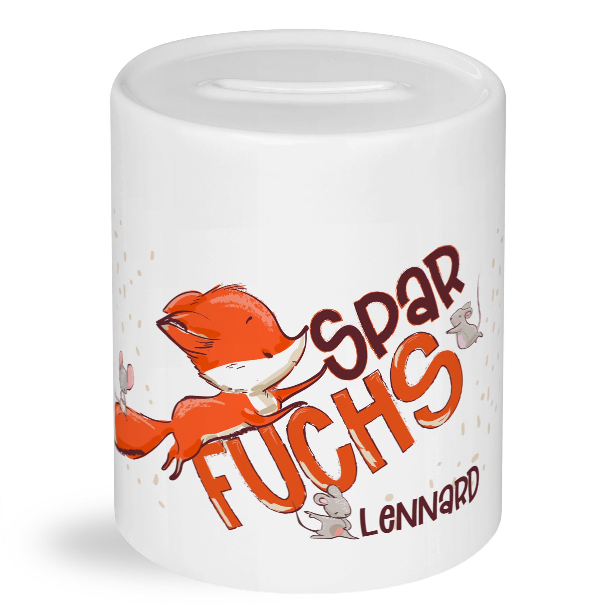 Sparschwein mit rotem Fuchs-Design und Namen Lennard.
