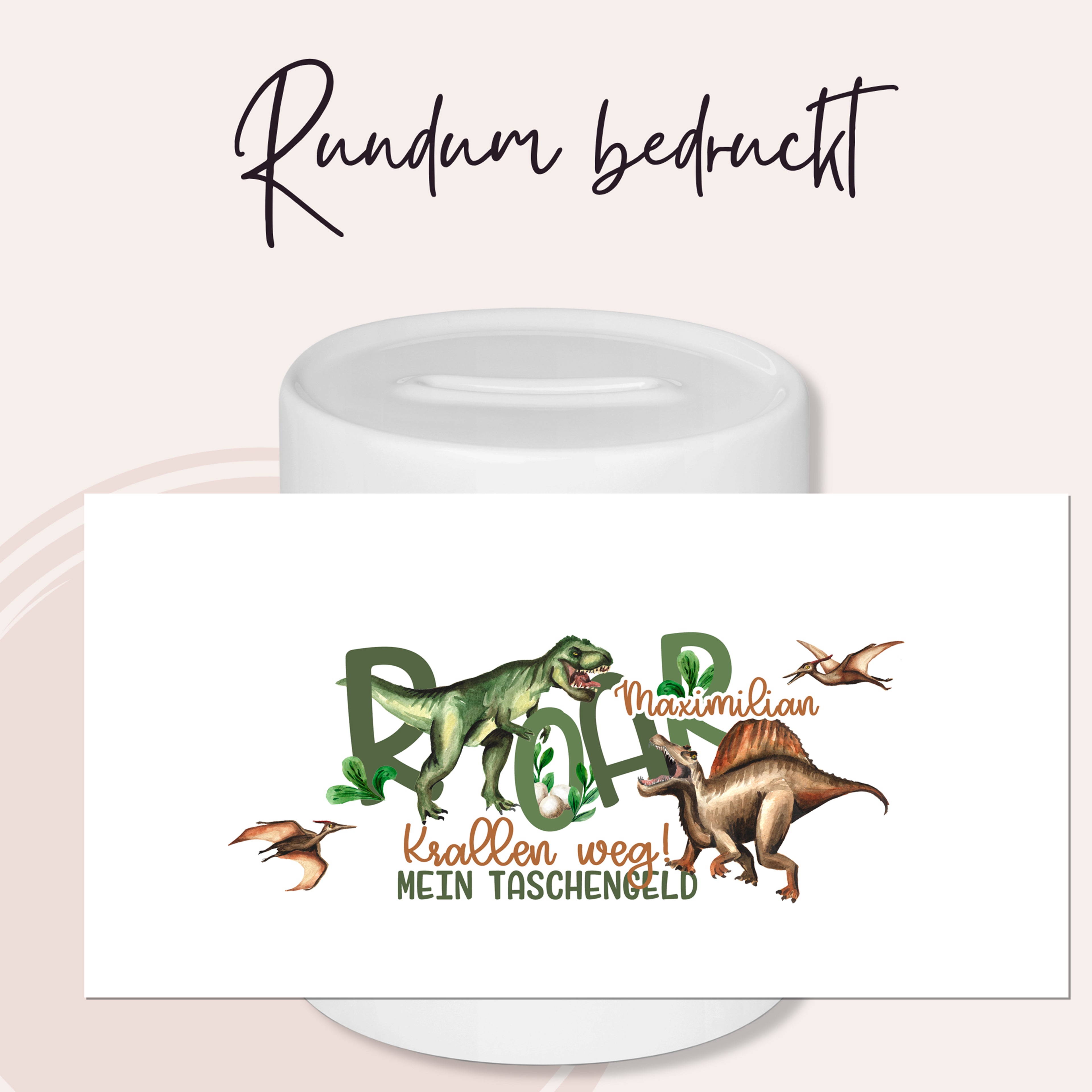 Tasse mit Dinosaurier-Motiv und buntem Text.