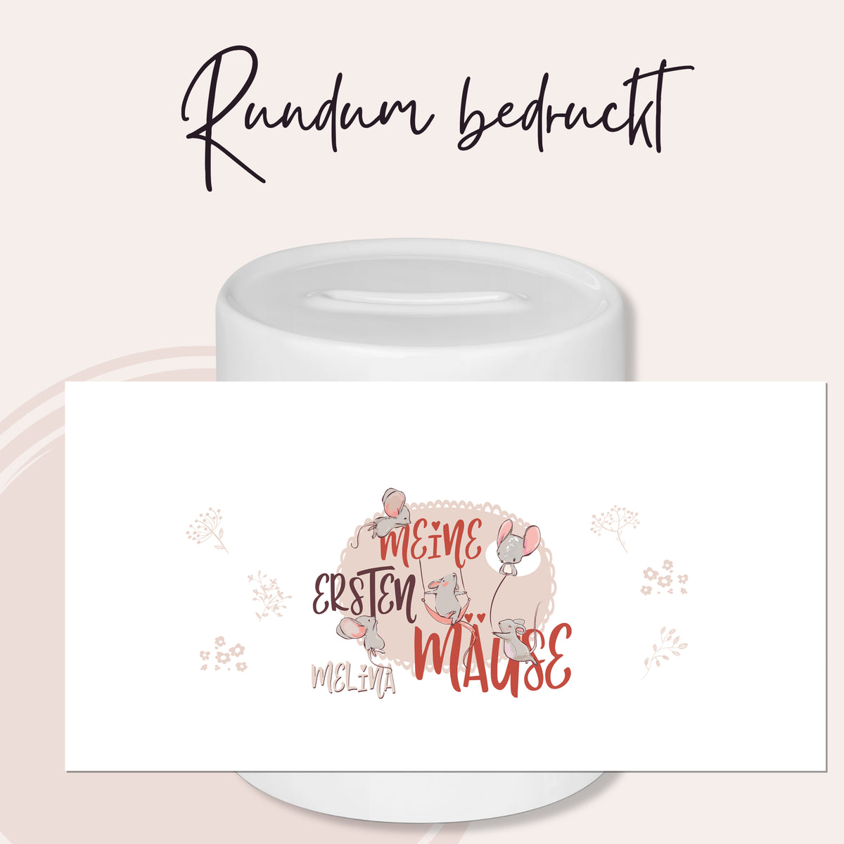 Tasse mit buntem Druck „Meine ersten Mäuse“ und Illustrationen.