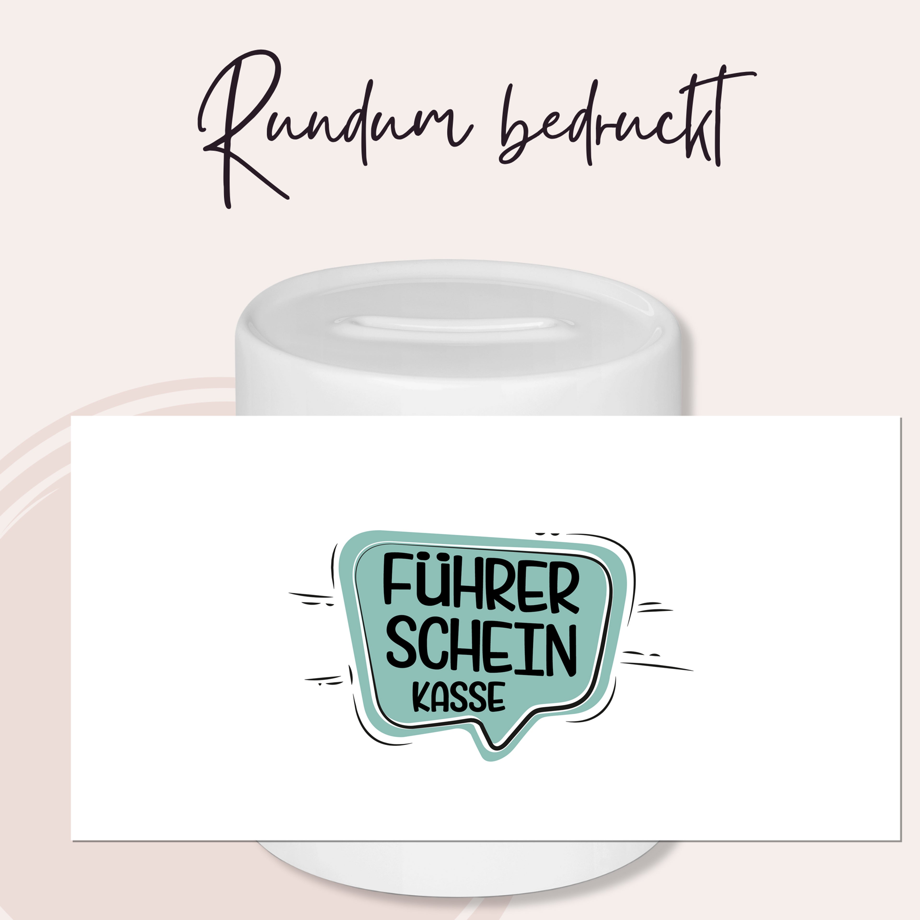 Weißer Becher mit Aufdruck "FÜHRERSCHEIN KASSE" in Türkis.