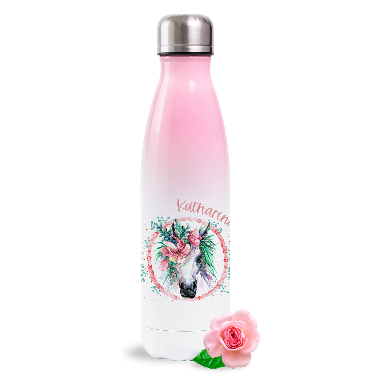 Rosafarbene Trinkflasche mit Einhorn-Design und personalisiertem Namen.