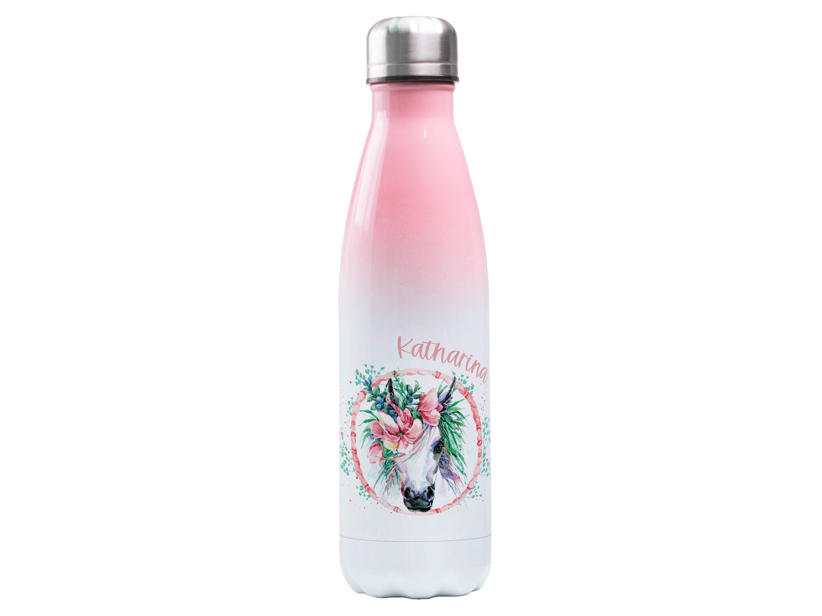 Edelstahl-Trinkflasche mit pinkem Farbverlauf und Einhorn-Motiv.