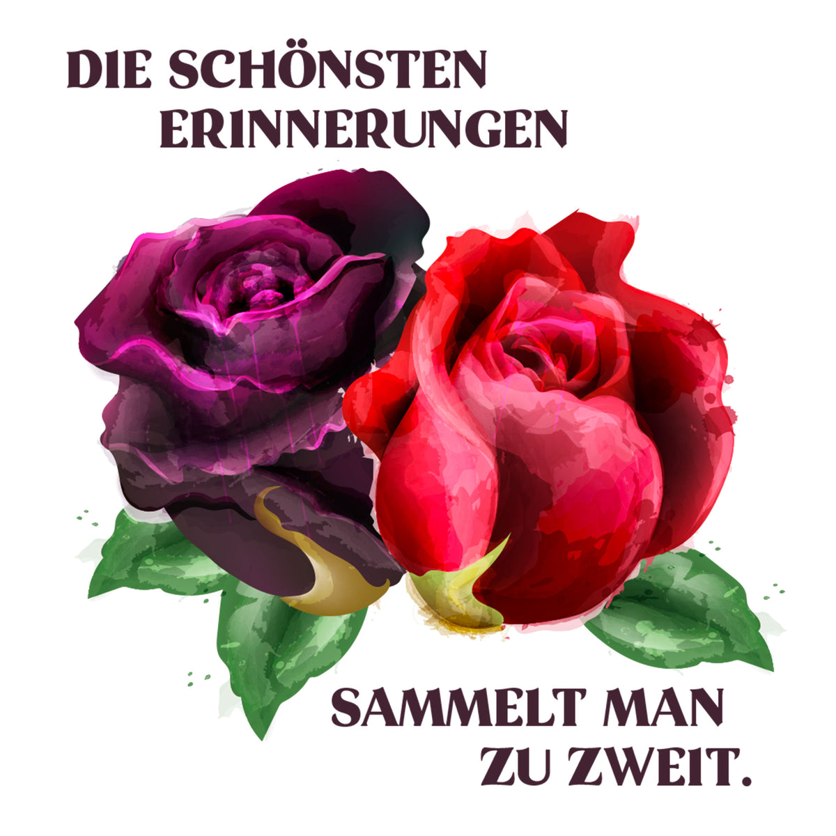 Rote und lila Rosen mit Spruch über Erinnerungen.