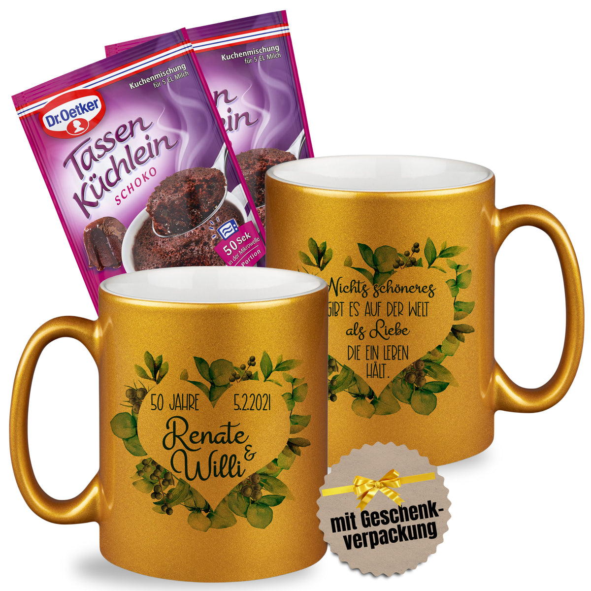 Goldene Tasse mit personalisiertem Text und Geschenkverpackung.