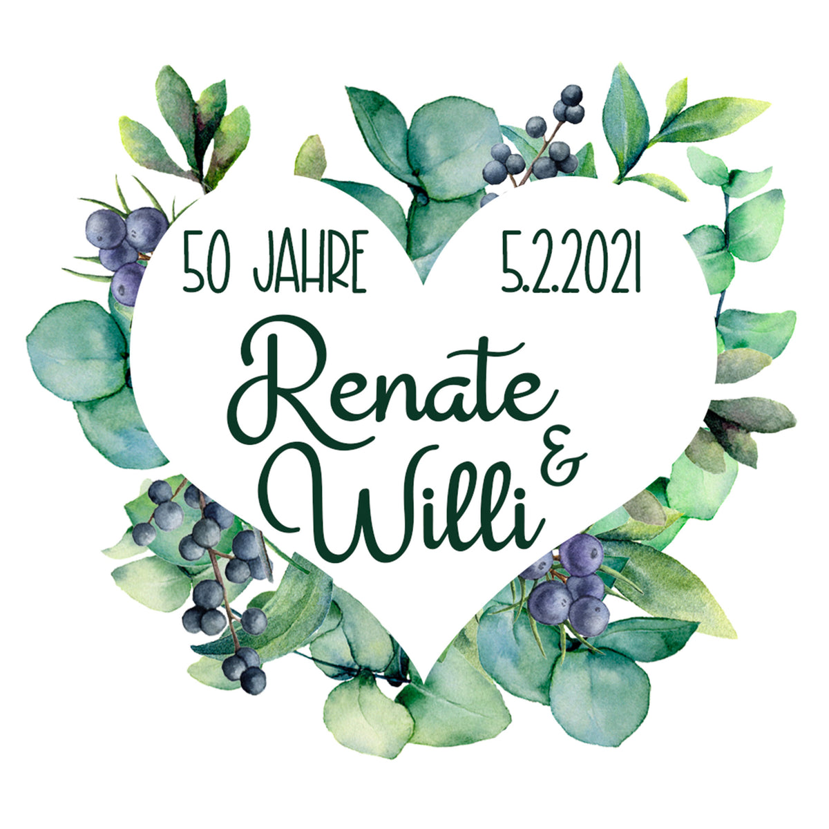 Herz mit grünen Blättern, 50 Jahre, Renate & Willi.