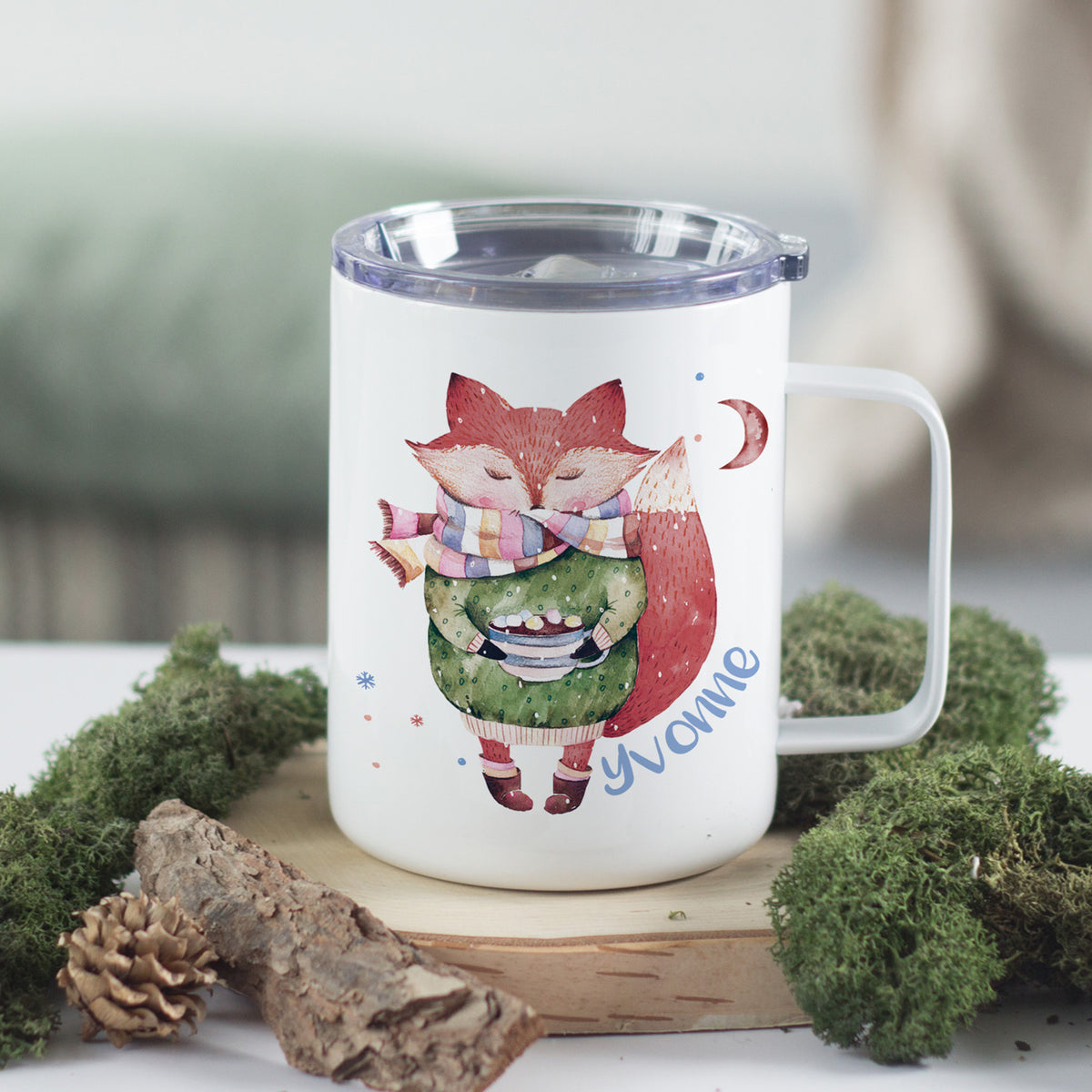 Tasse mit Fuchs-Motiv in bunten Farben.