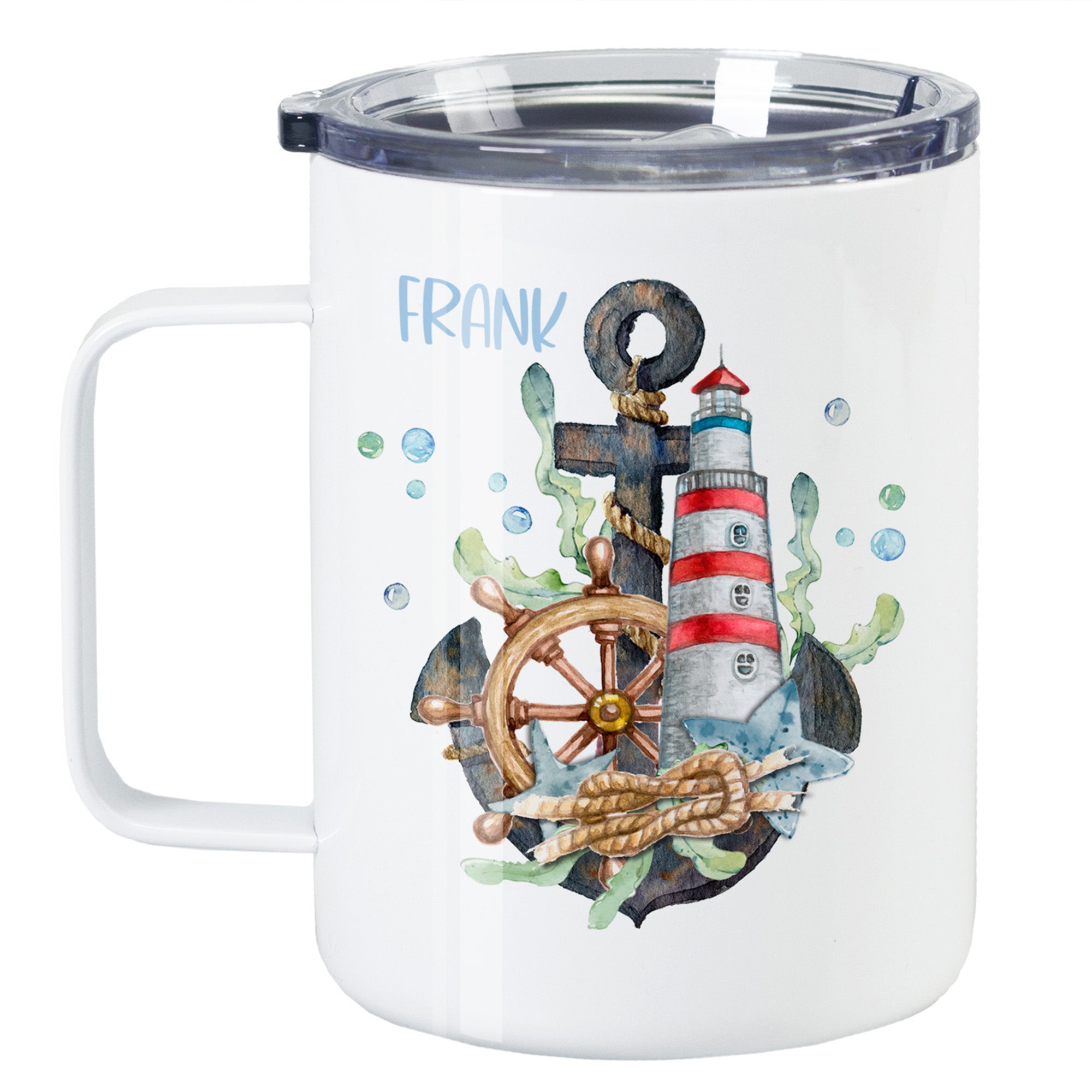 Weißer Becher mit Anker, Leuchtturm und Steuerrad.