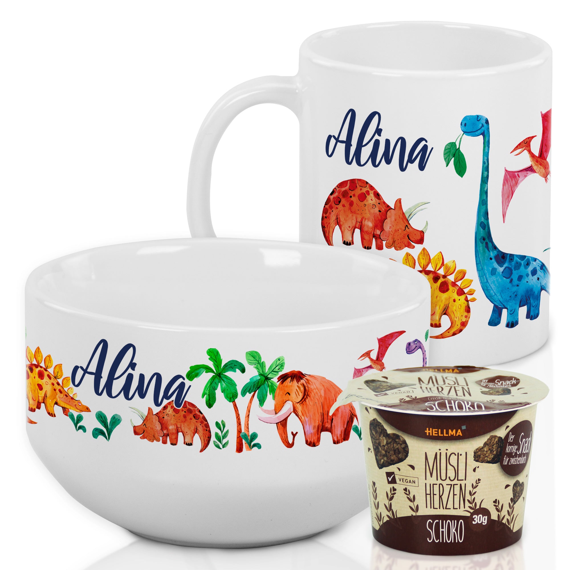 Personalisierte Tasse und Schüssel mit bunten Dinosauriern.