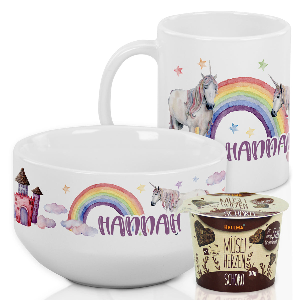 Tasse und Schüssel mit Einhorn-Design und Regenbogen.