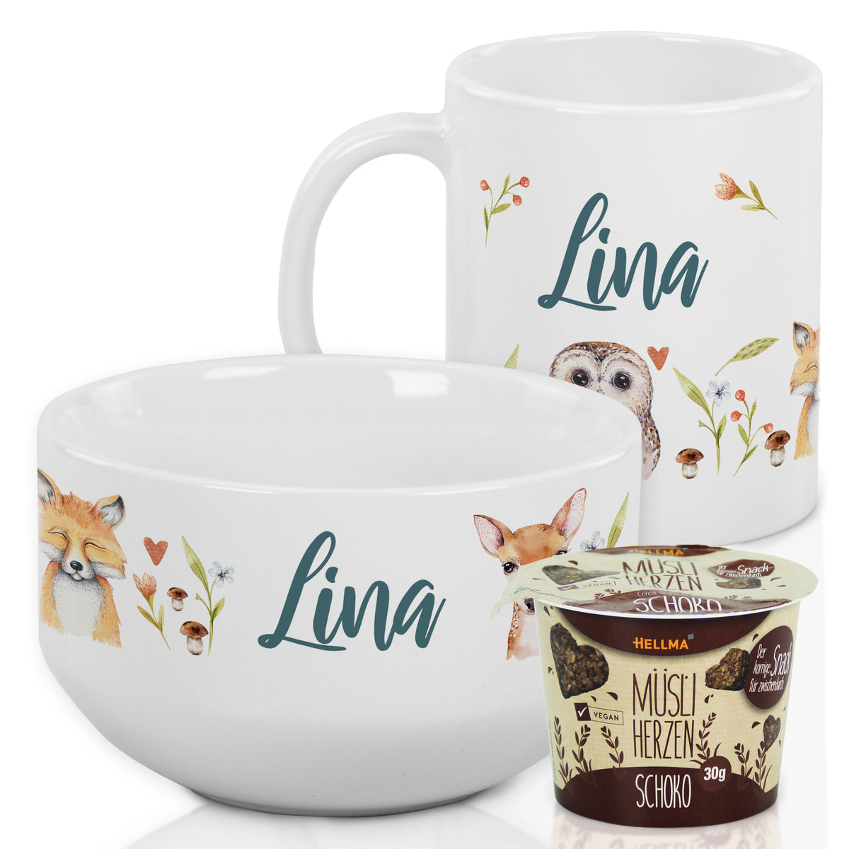 Personalisierte weiße Tasse und Schüssel mit Tiermotiven.
