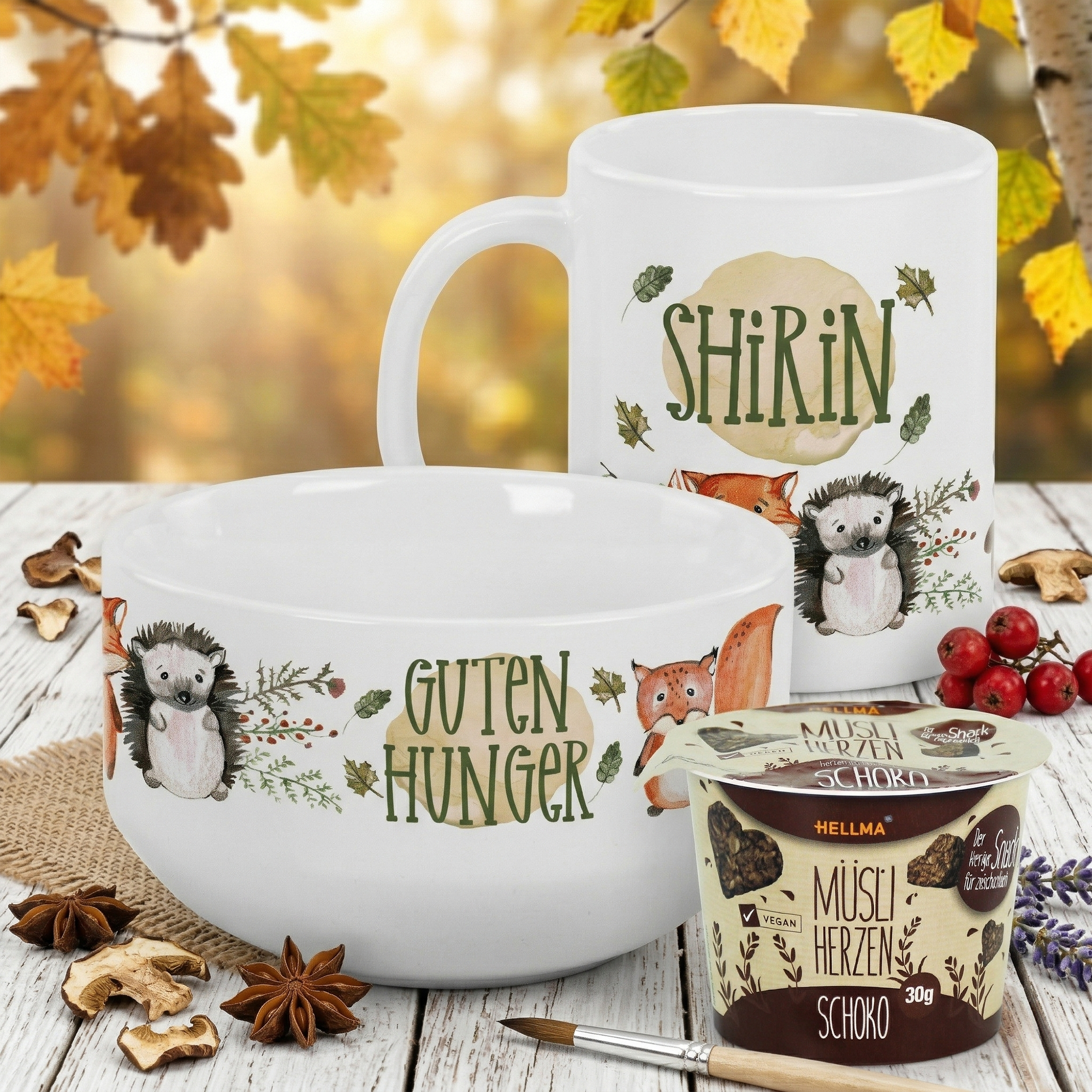 Tasse und Schüssel mit Tiermotiven, weiß, "Guten Hunger".