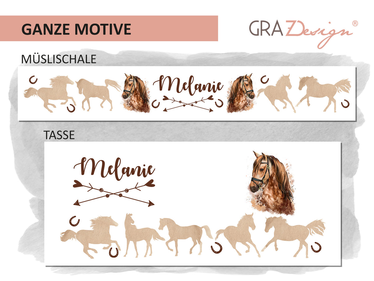 Müsli-Schale und Tasse mit Pferdemotiven in Beige.