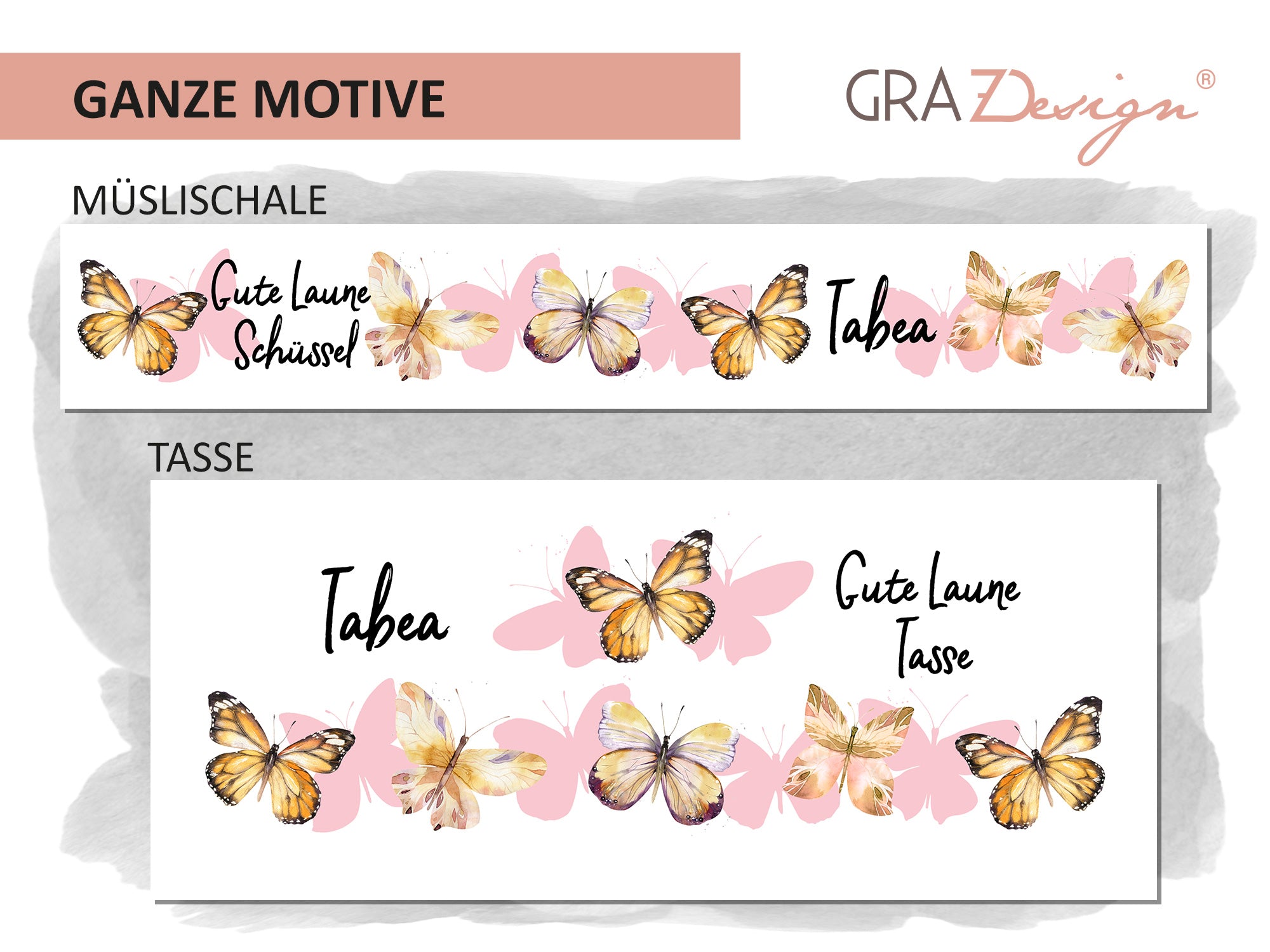 Müslischale und Tasse mit bunten Schmetterlingen und rosa Hintergrund.