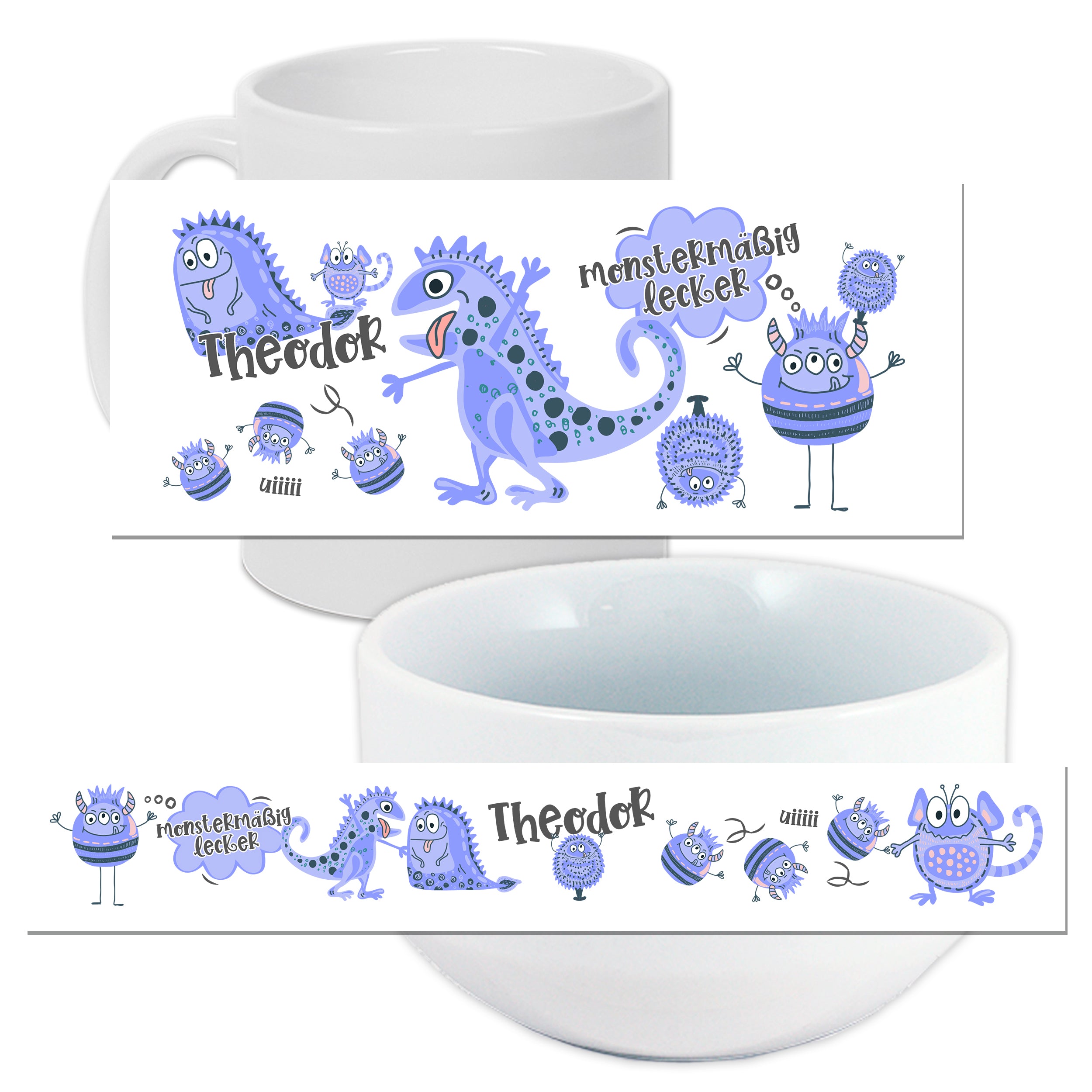 Tasse und Schüssel mit bunten Monster-Motiven in Blau.