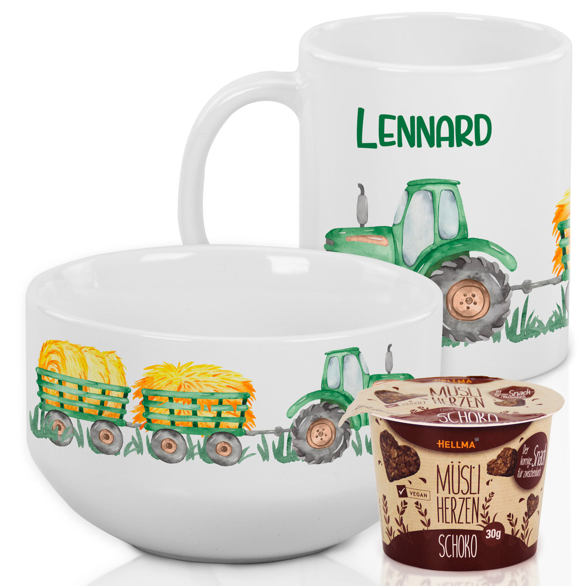 Personalisierte Tasse und Schüssel mit Traktor-Motiv.