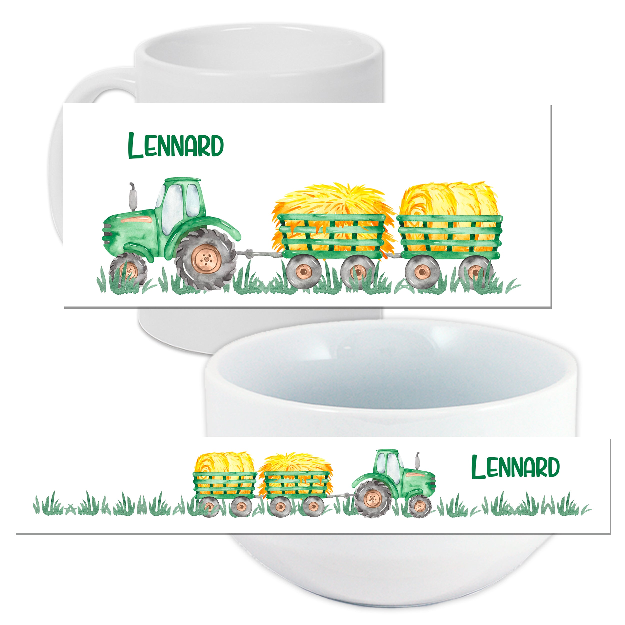 Grüner Traktor mit Heuwagen auf Tasse und Schüssel.