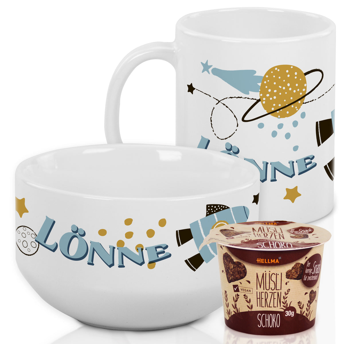 Frühstücksset Weltraum - Müslischale mit Tasse mit Namen personalisiert