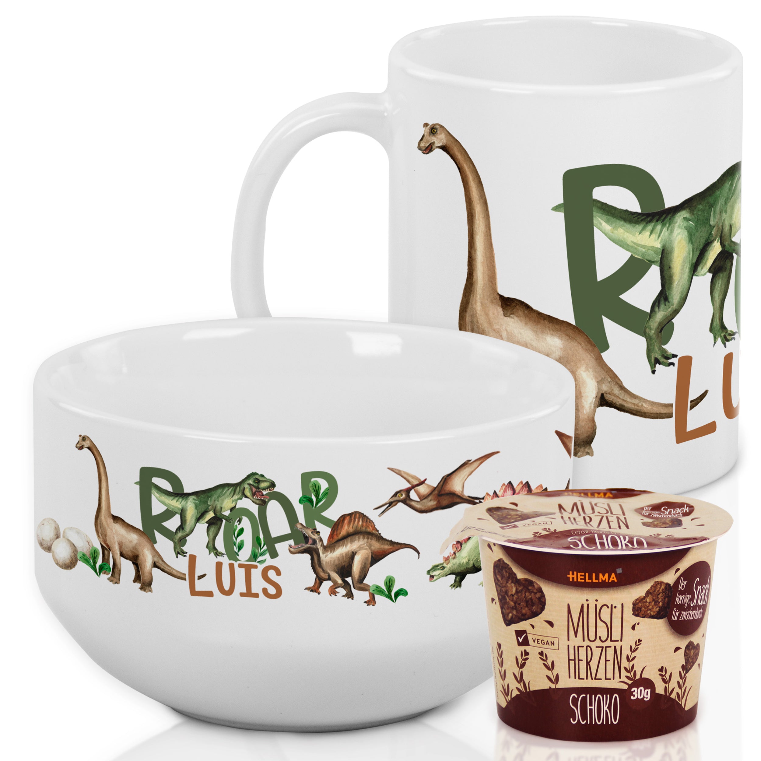 Dinosaurier-Tasse und -Schüssel, weiß mit buntem Design.
