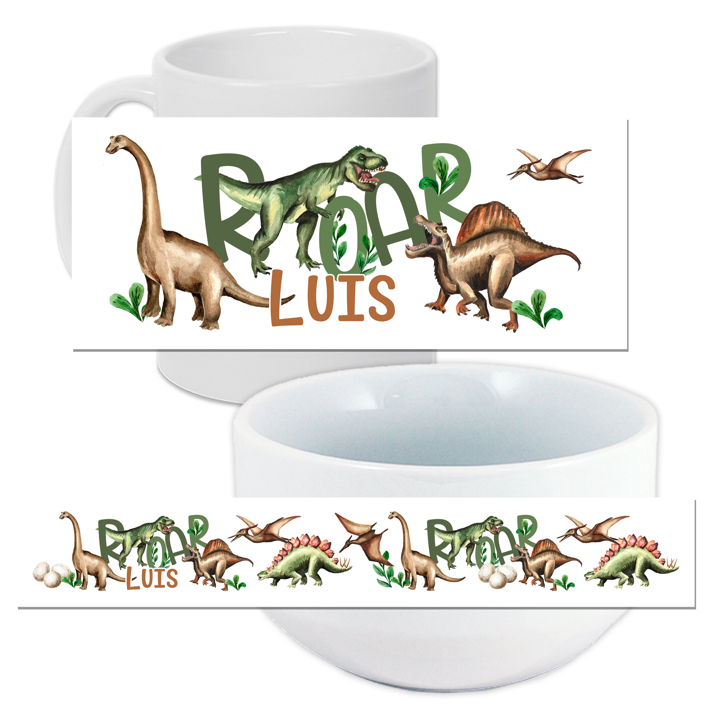 Dinosaurier-Motiv auf weißer Tasse und Schüssel, personalisiert.