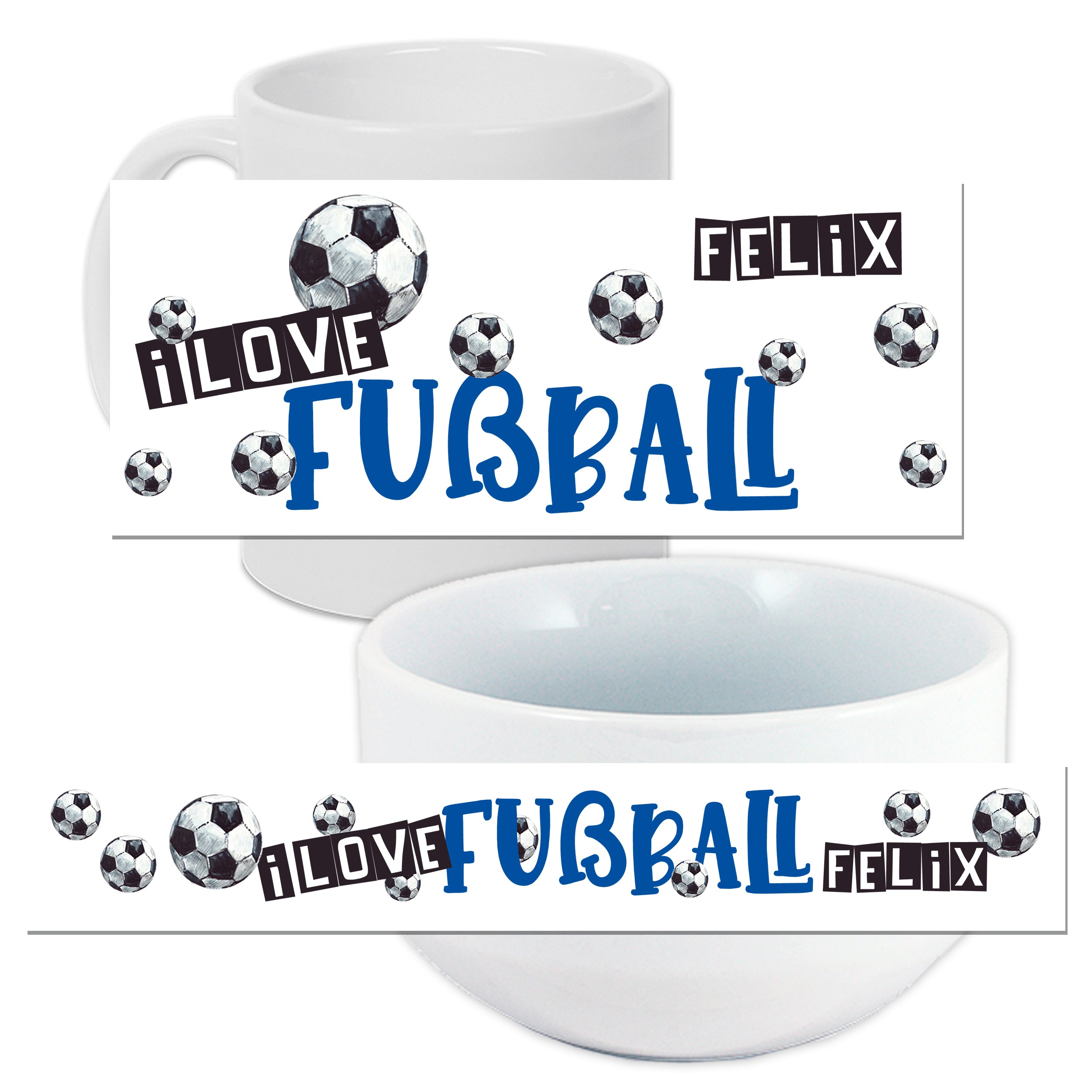 Weißer Becher und Schüssel mit Fußball-Motiv und Namen Felix.