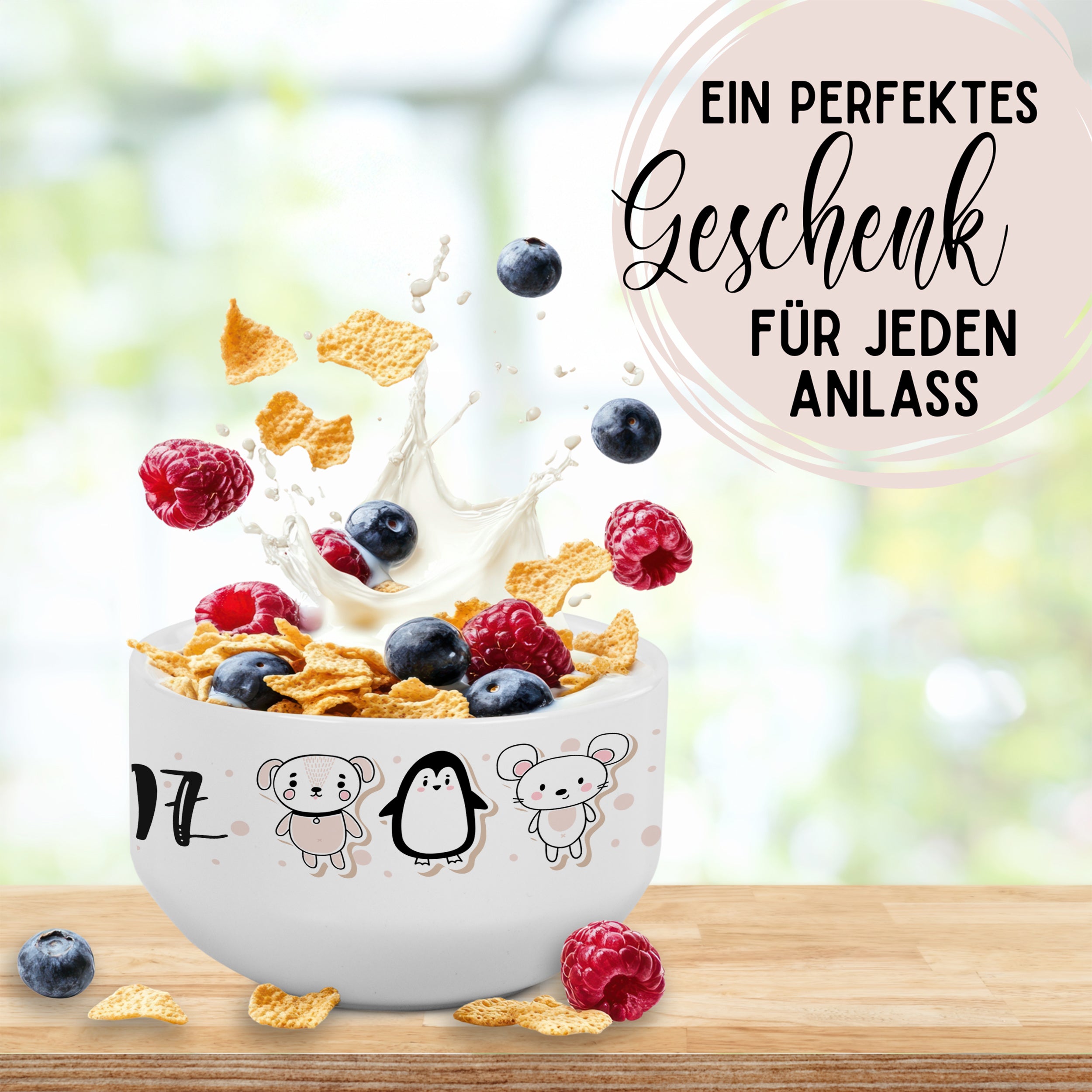 Müslischale mit Tieren und Guten Appetit