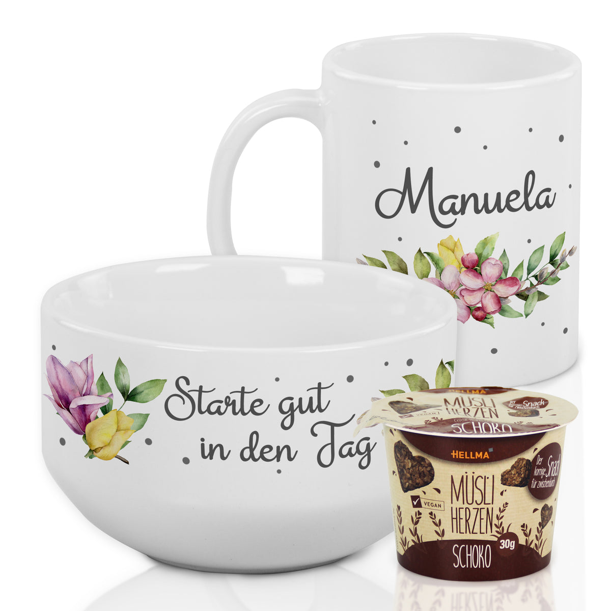 Kaffeetasse und Müslischale mit Blumenmotiven, personalisiert.