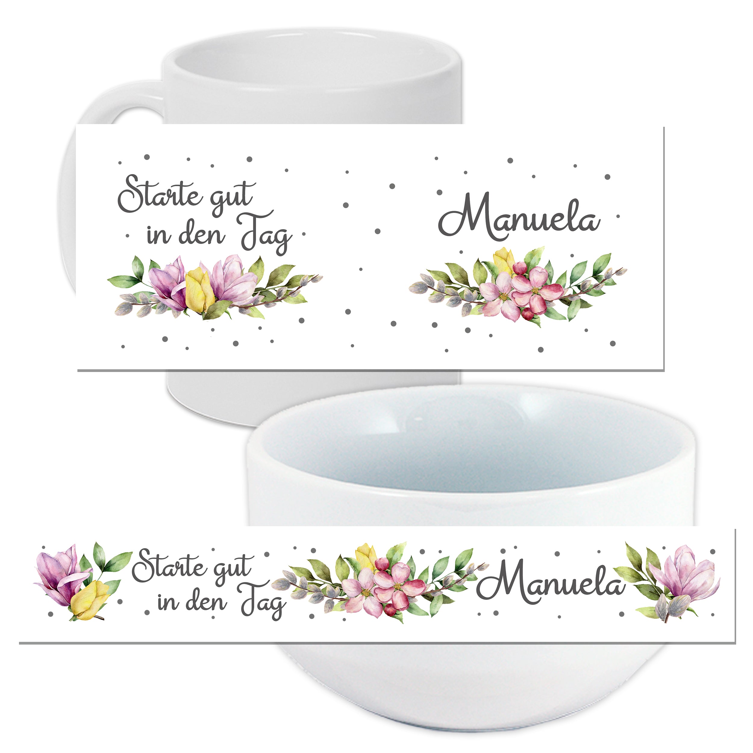 Weißer Becher und Schüssel mit floralem Design und persönlichem Namen.
