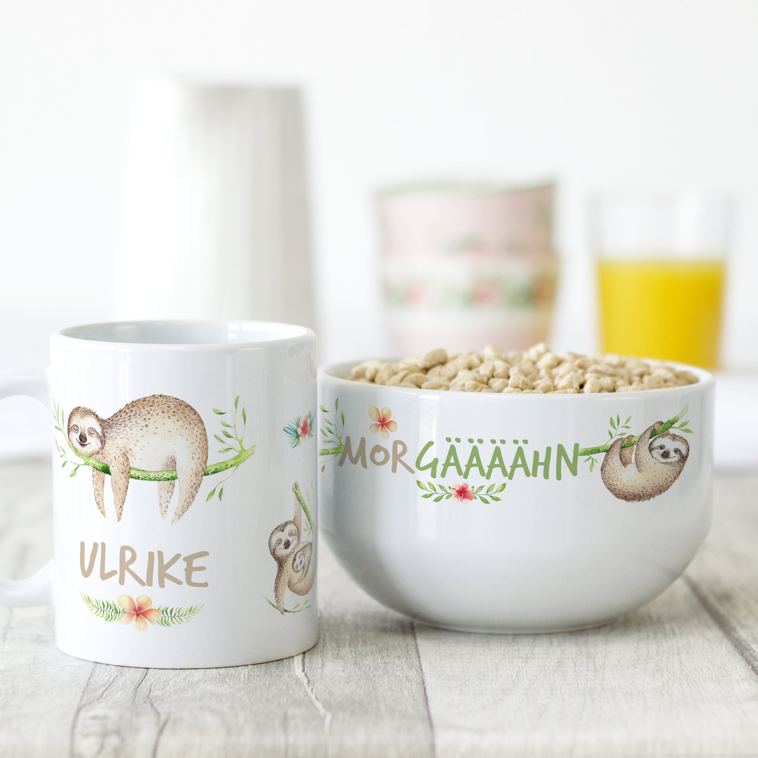 Tasse und Schüssel mit Faultieren, weiß, personalisiert.
