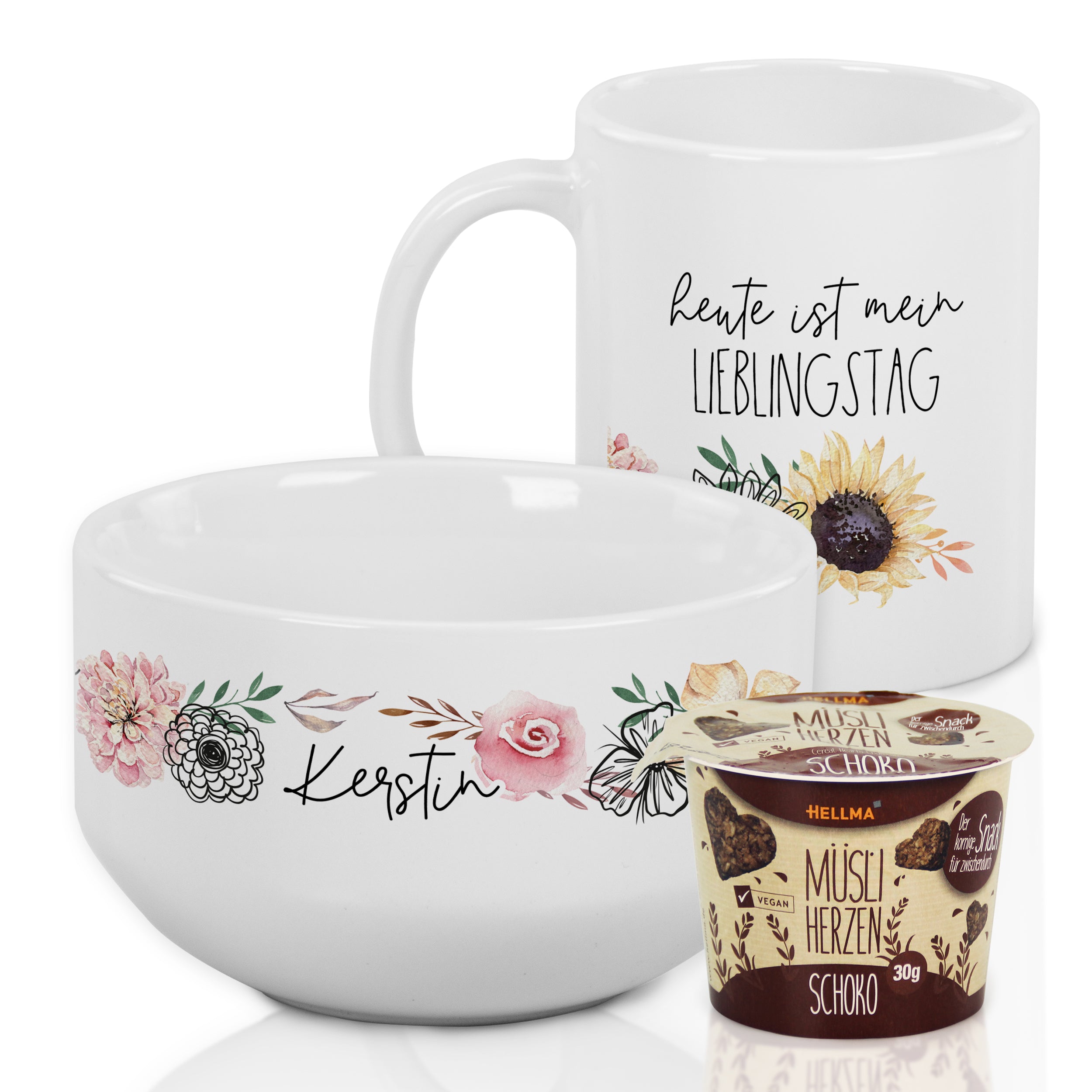 Kaffeetasse und Müslischale mit floralen Motiven, weiß.