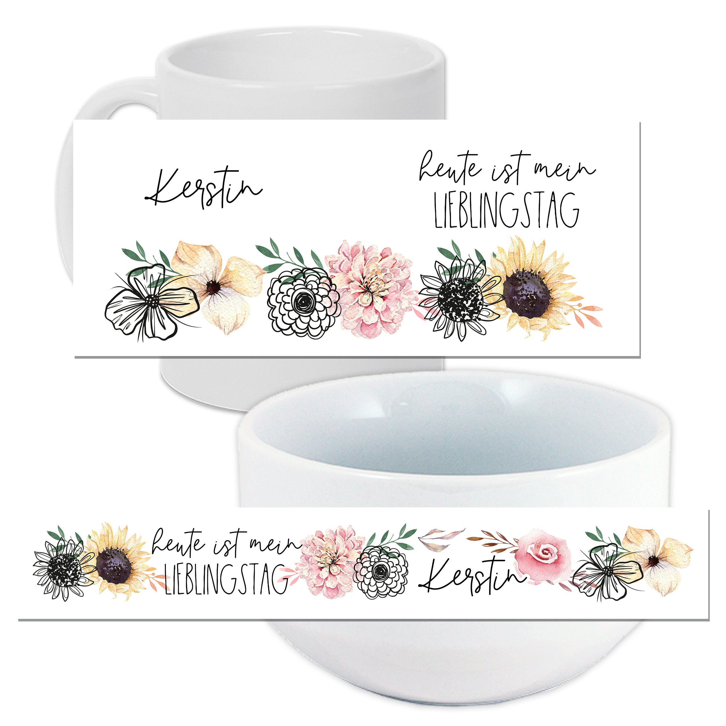 Weißer Becher und Schüssel mit floralem Design.