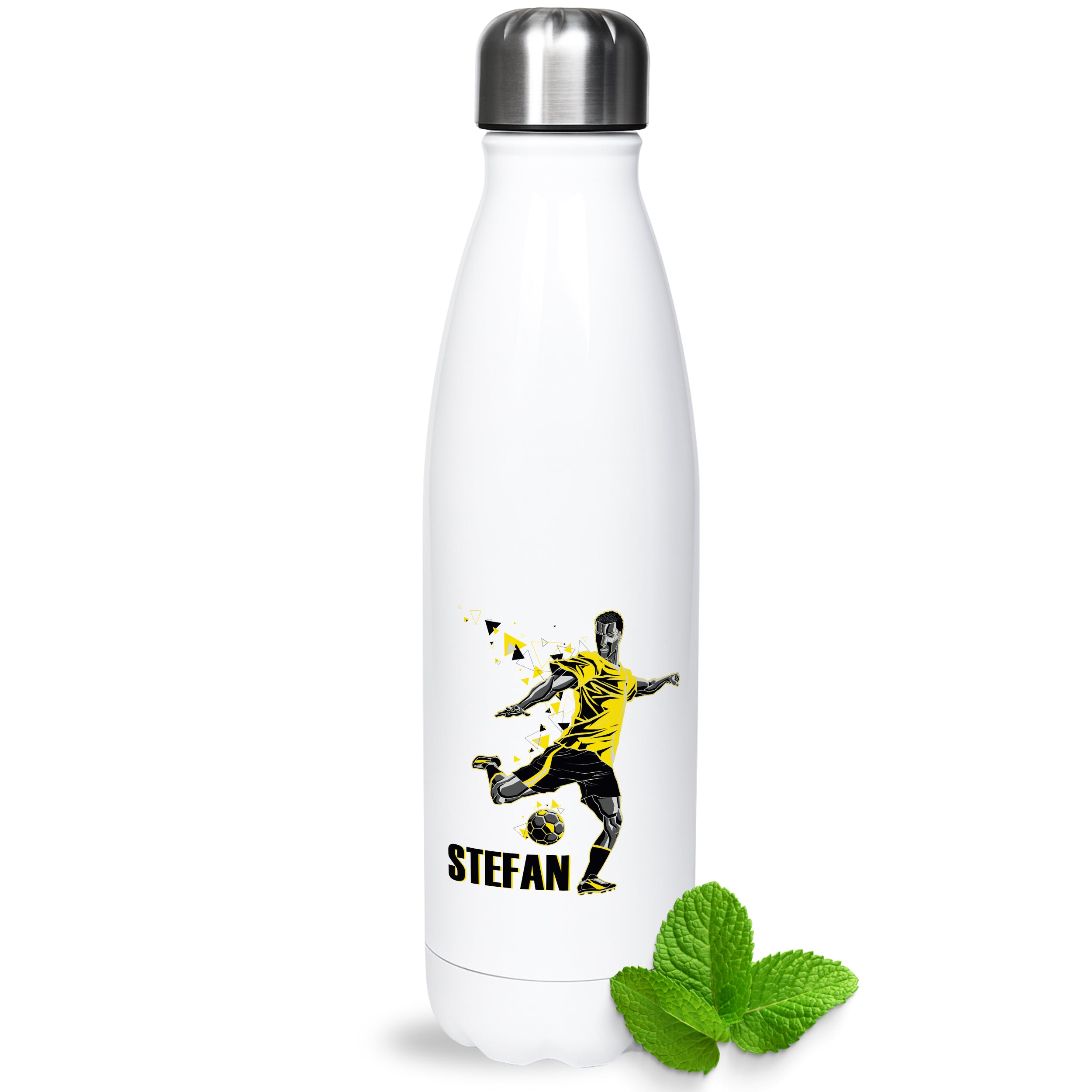 Weiße Sportflasche mit Fußballspieler und Name „STEFAN“.