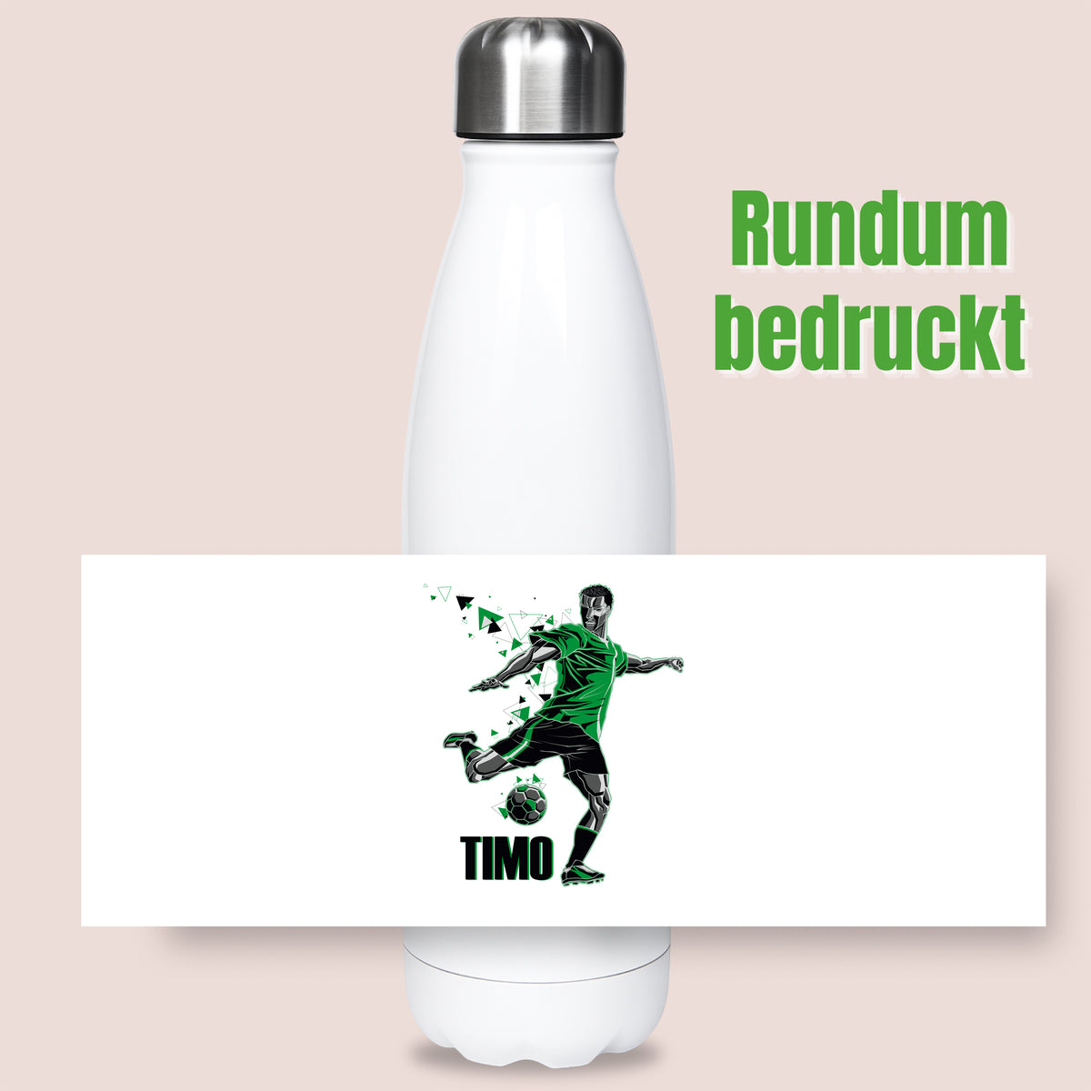 Weiße Trinkflasche mit grünem Fußballspieler-Design.