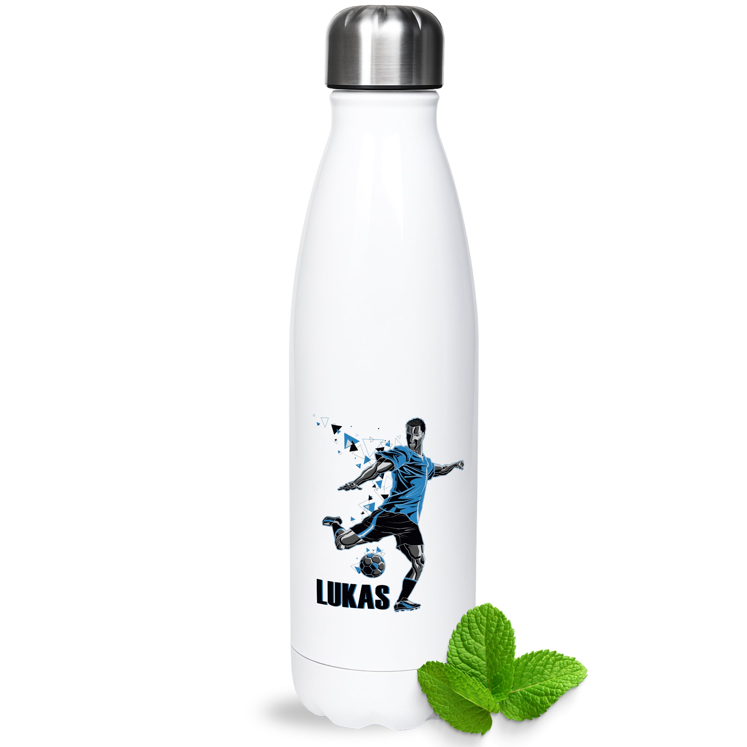 Weiße Sportflasche mit Fußballmotiv und personalisiertem Namen.