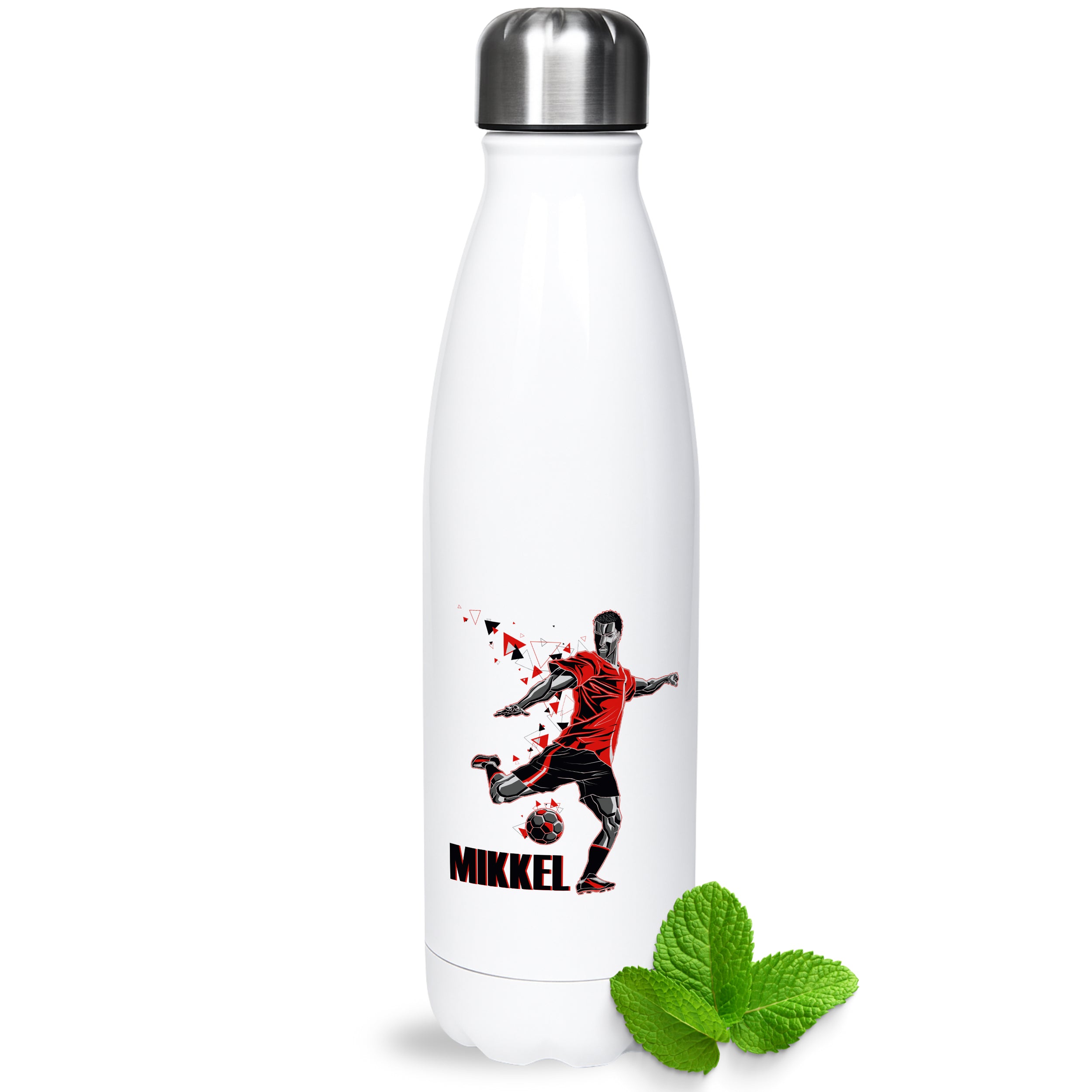 Weiße Trinkflasche mit Fußballspieler-Design und rotem Shirt.