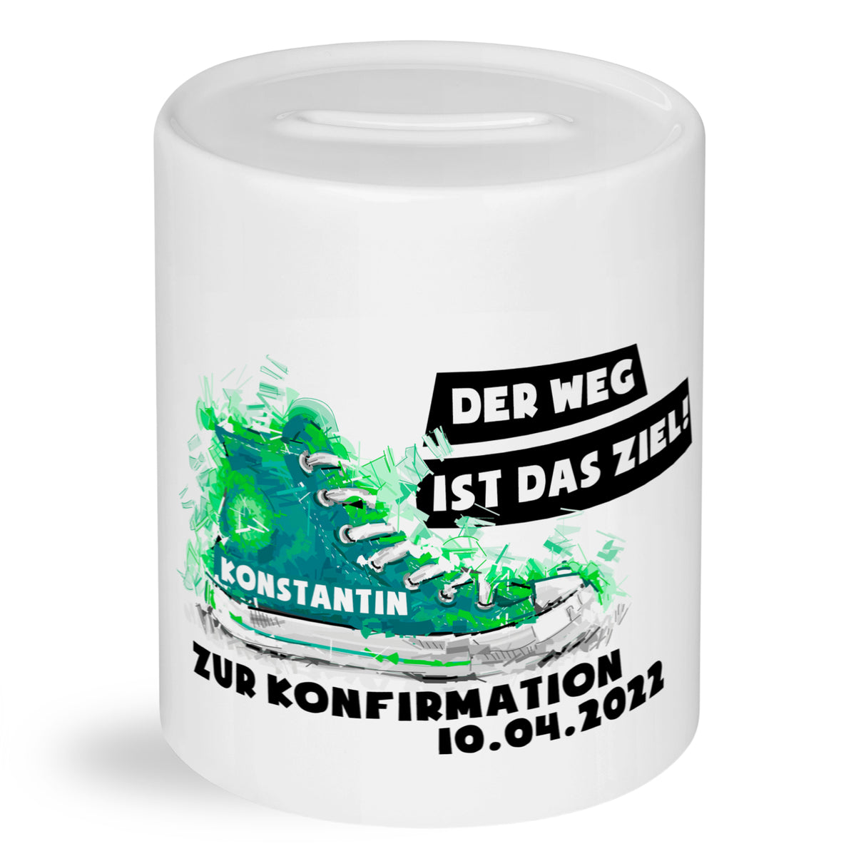 Spardose zur Konfirmation mit Sneaker-Motiv und Wunschname