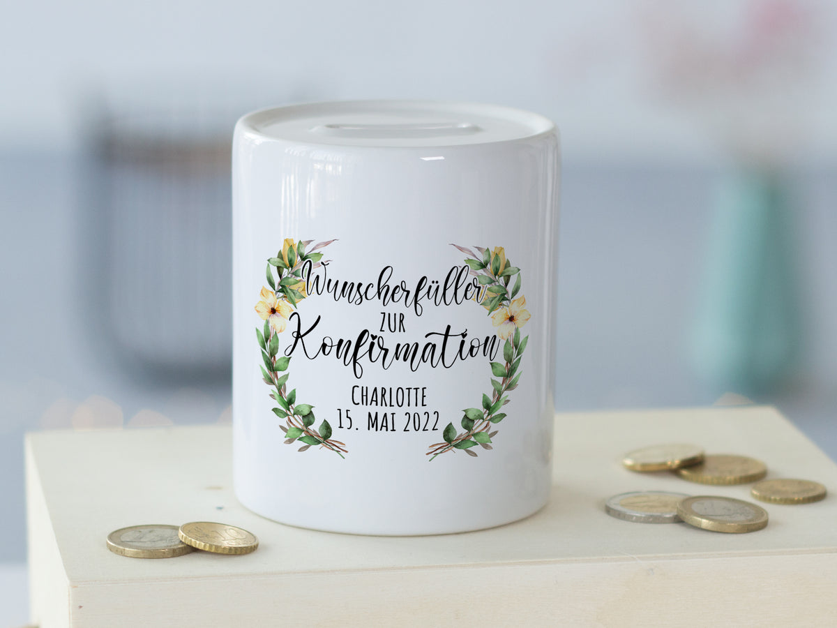 Spardose zur Konfirmation mit Wunschname in Wohnszene