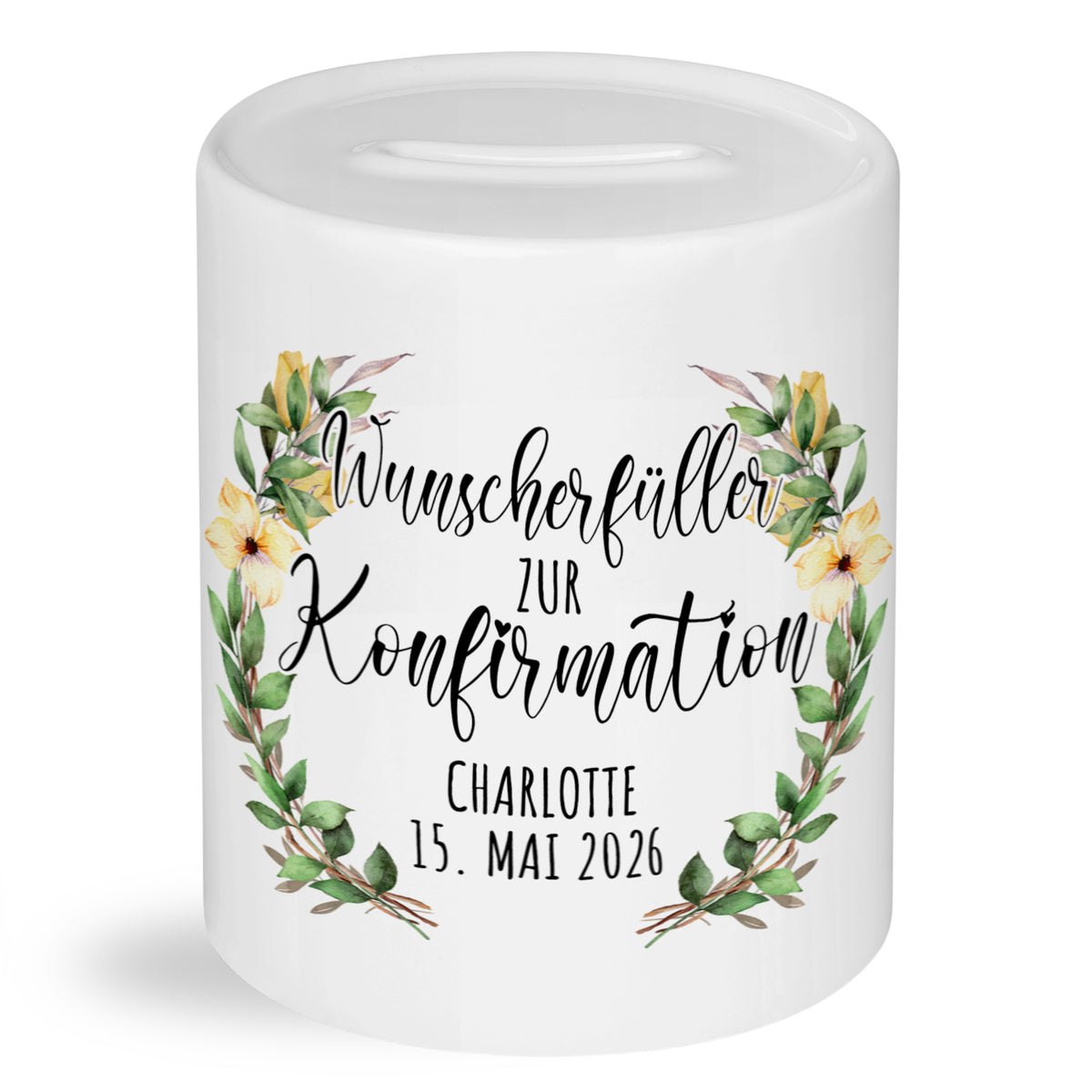 Spardose zur Konfirmation mit Wunschname und Blättermotiv