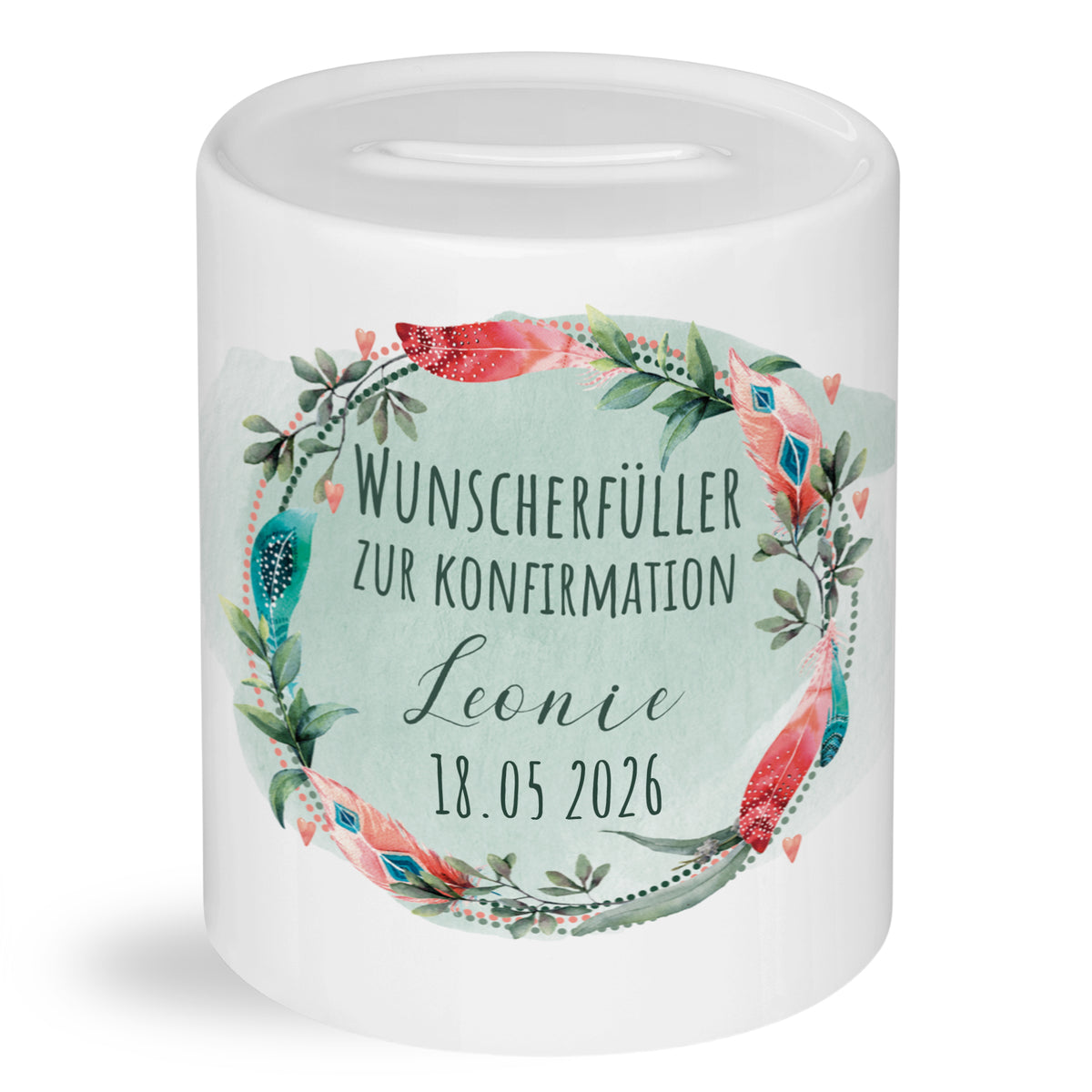 Spardose zur Konfirmation mit Blumenkranz und Wunschname