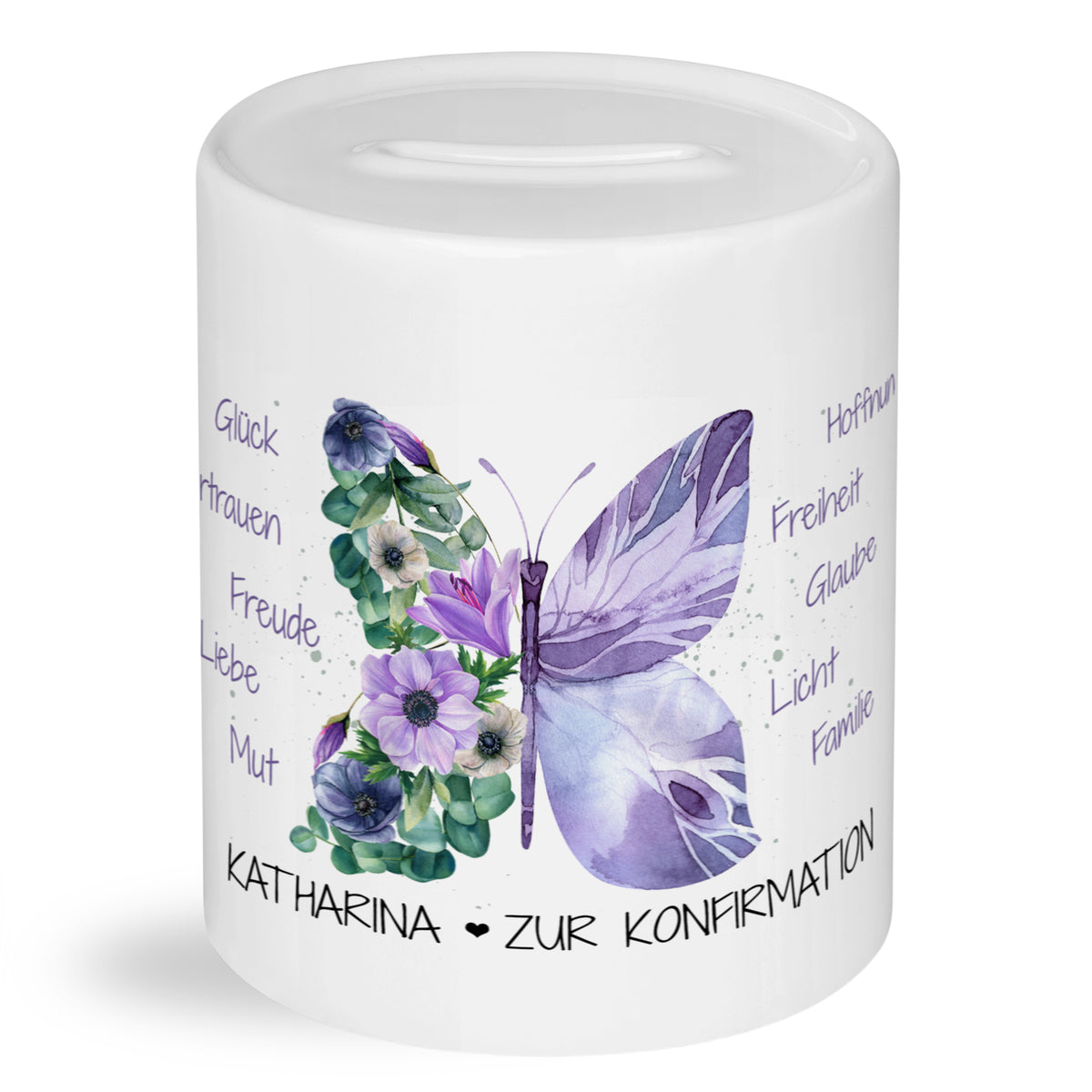 Spardose zur Konfirmation mit Schmetterling und Wunschname