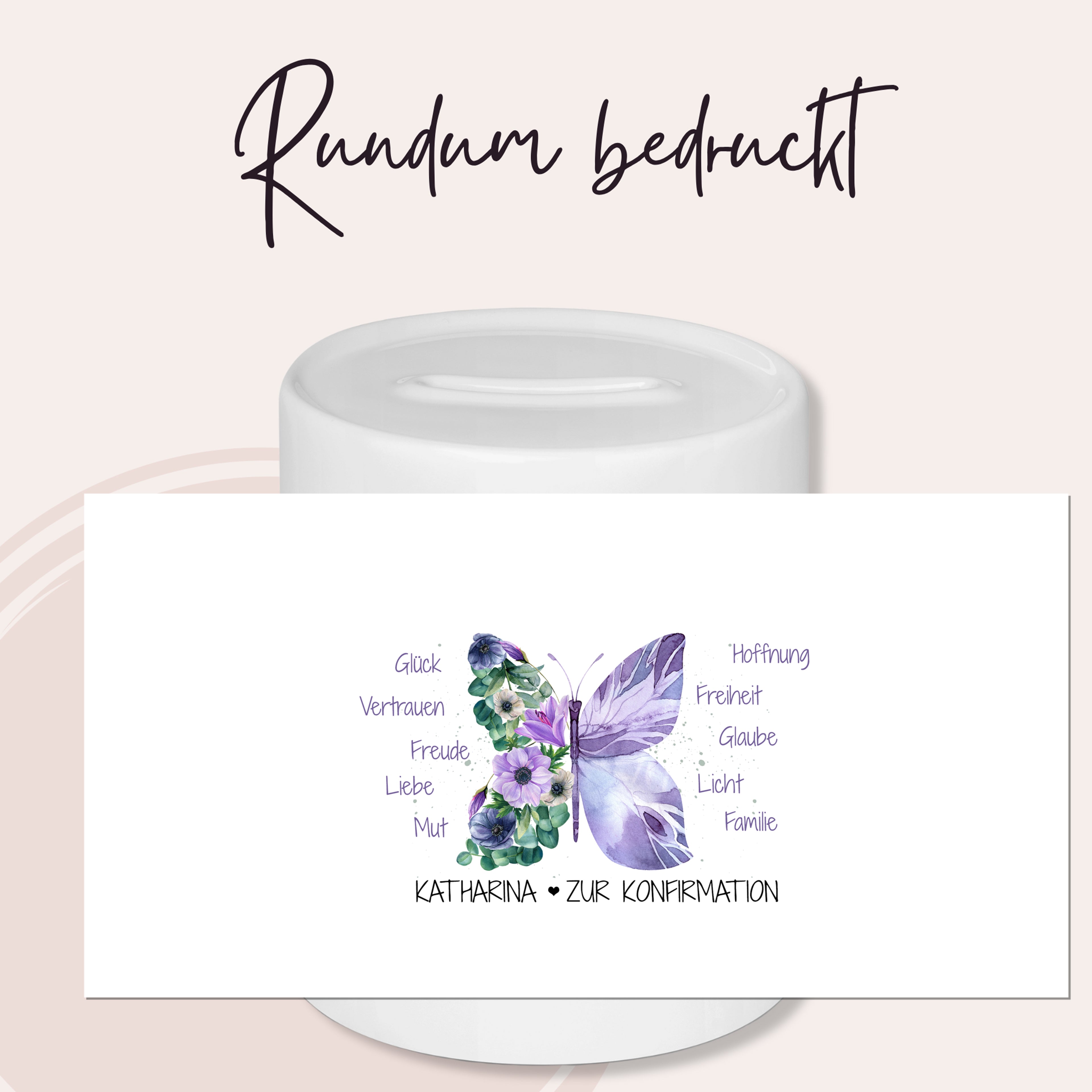 Spardose zur Konfirmation mit Schmetterling, grafische Motivansicht