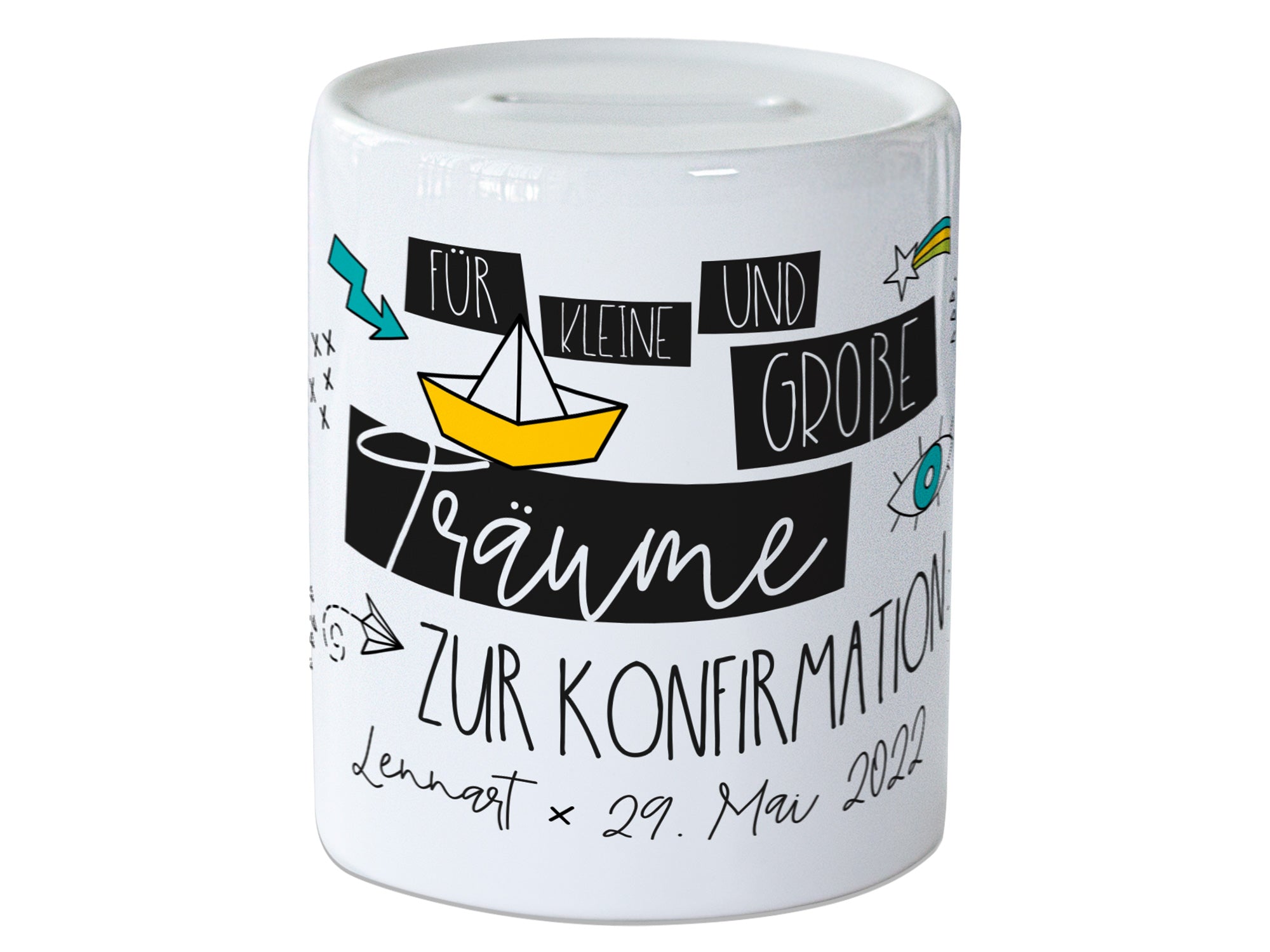 Spardose zur Konfirmation mit Schriftmotiv, grafische Motivansicht