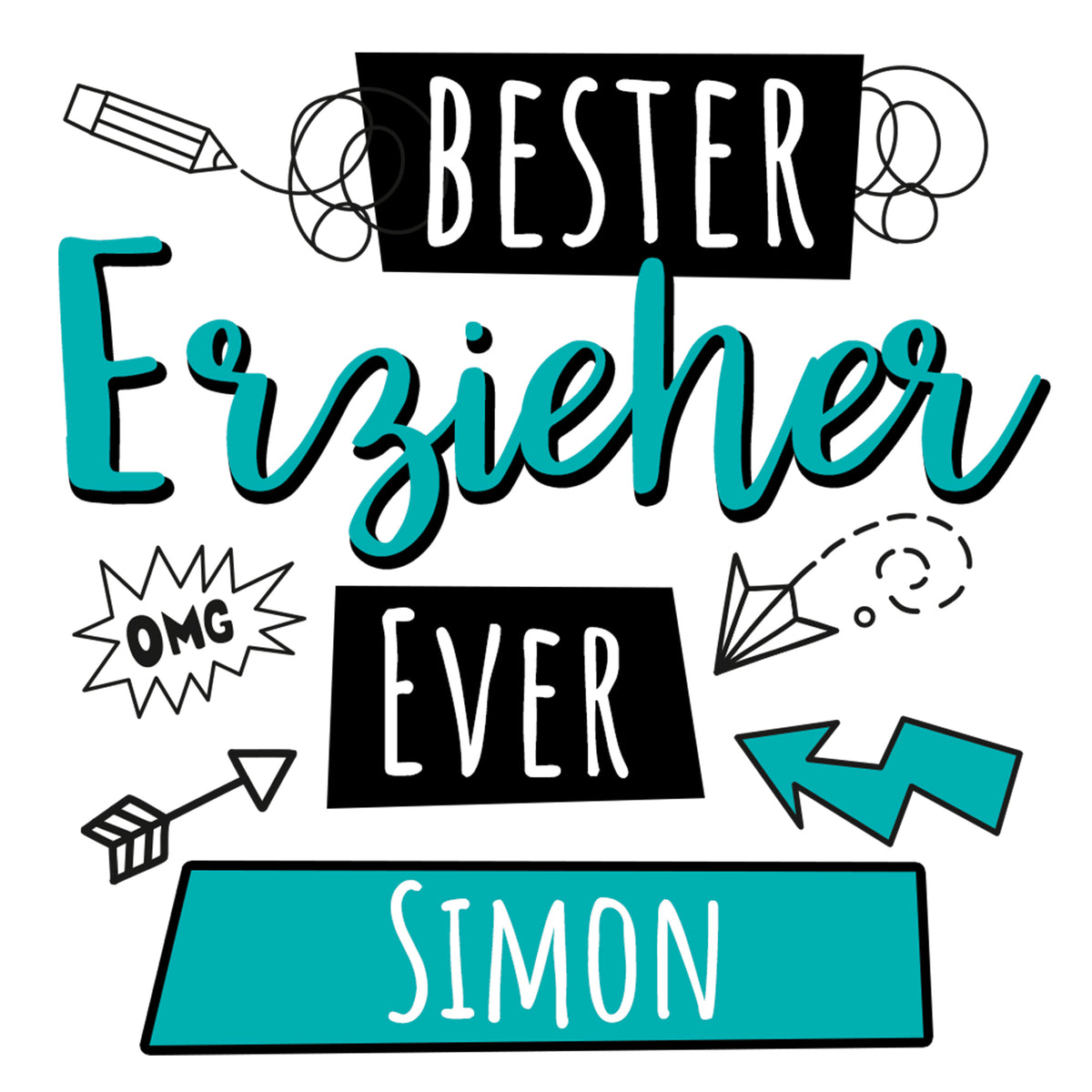 Bester Erzieher Simon, schwarz und türkis, kreative Schriftzüge.