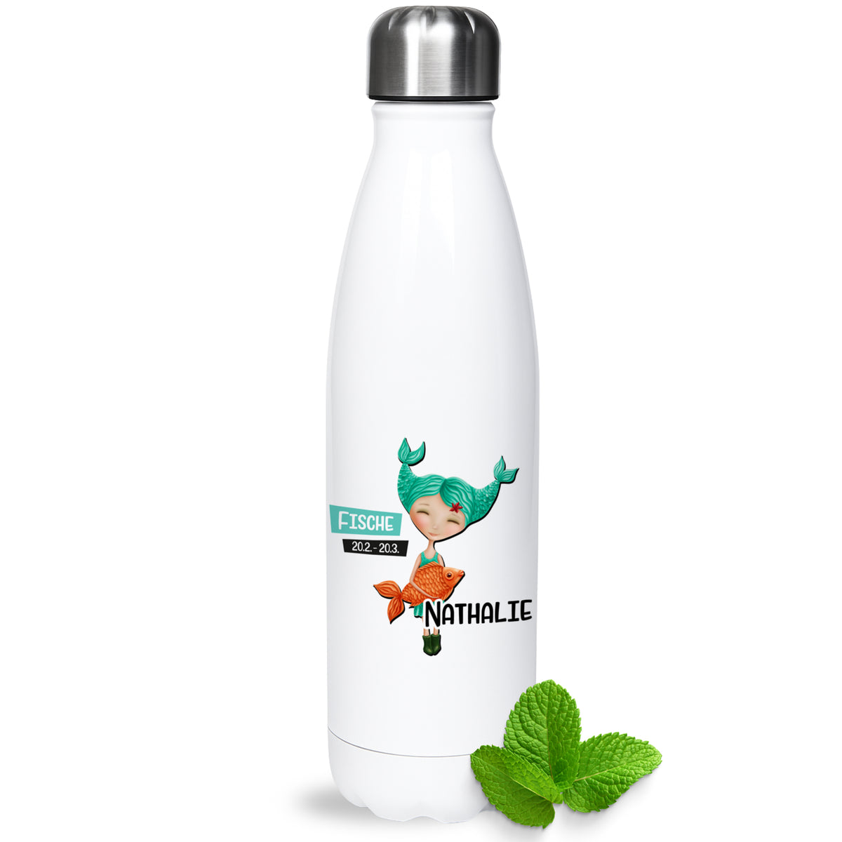 Weiße Edelstahl-Trinkflasche mit buntem Fisch-Motiv und Namen.