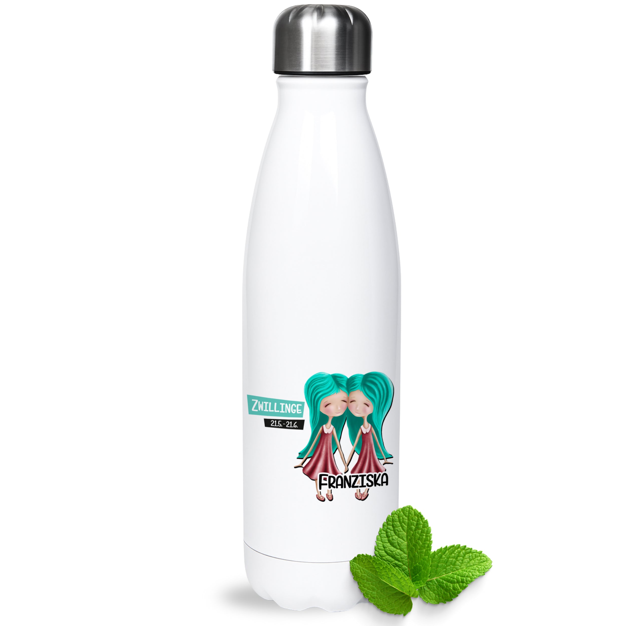 Weiße Trinkflasche mit buntem Zwillingsdesign und Mintblatt.