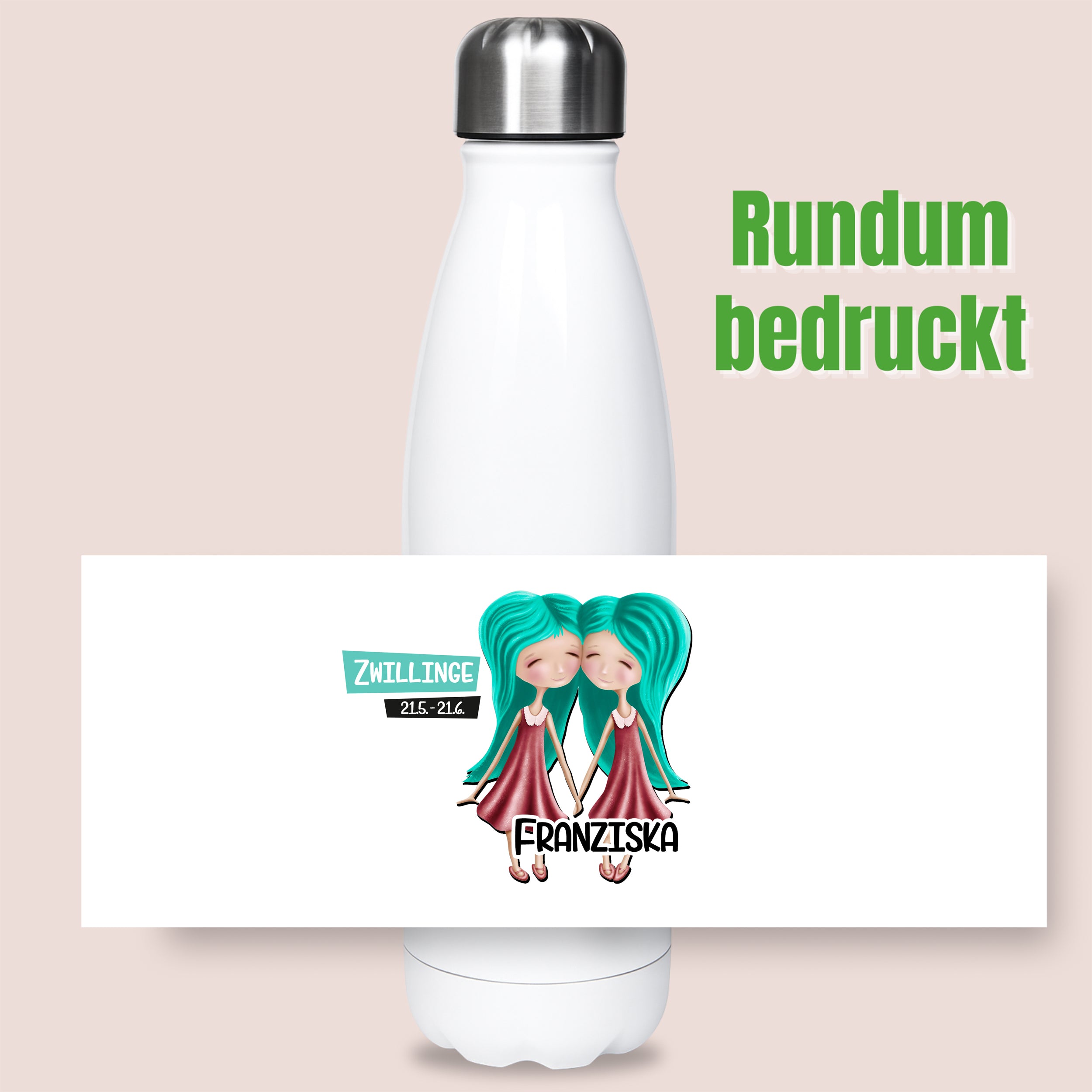 Weiße Trinkflasche mit Zwillingen und Namen Franziska.